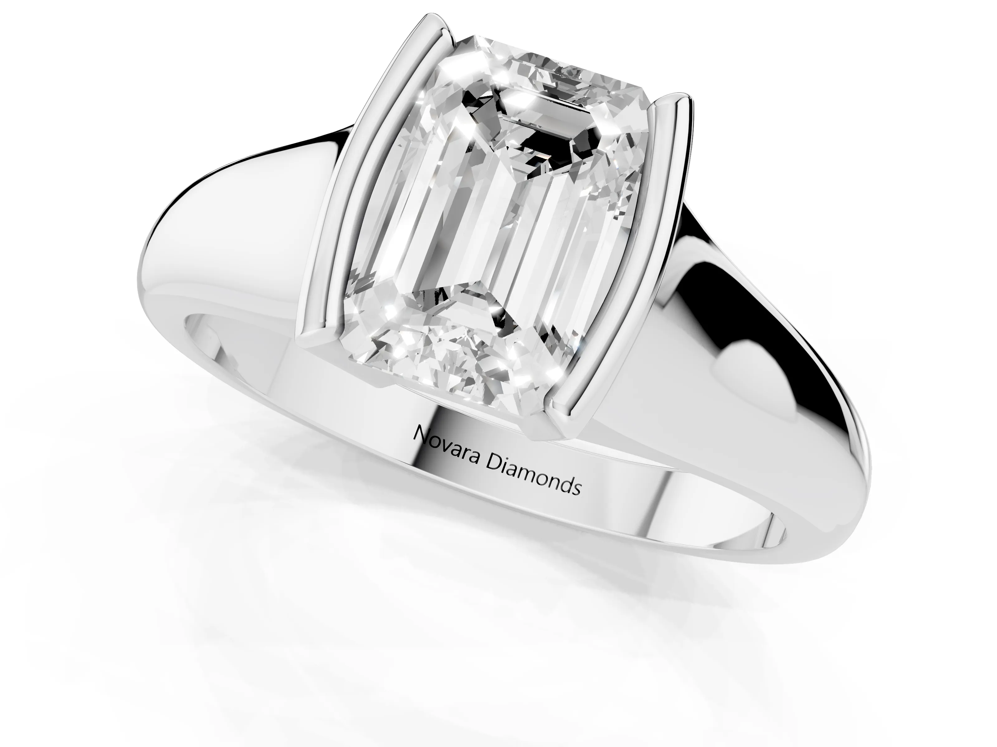 Emerald Cut Diamond Solitaire Tension Set Ring Set in White gold with Split Shank Band