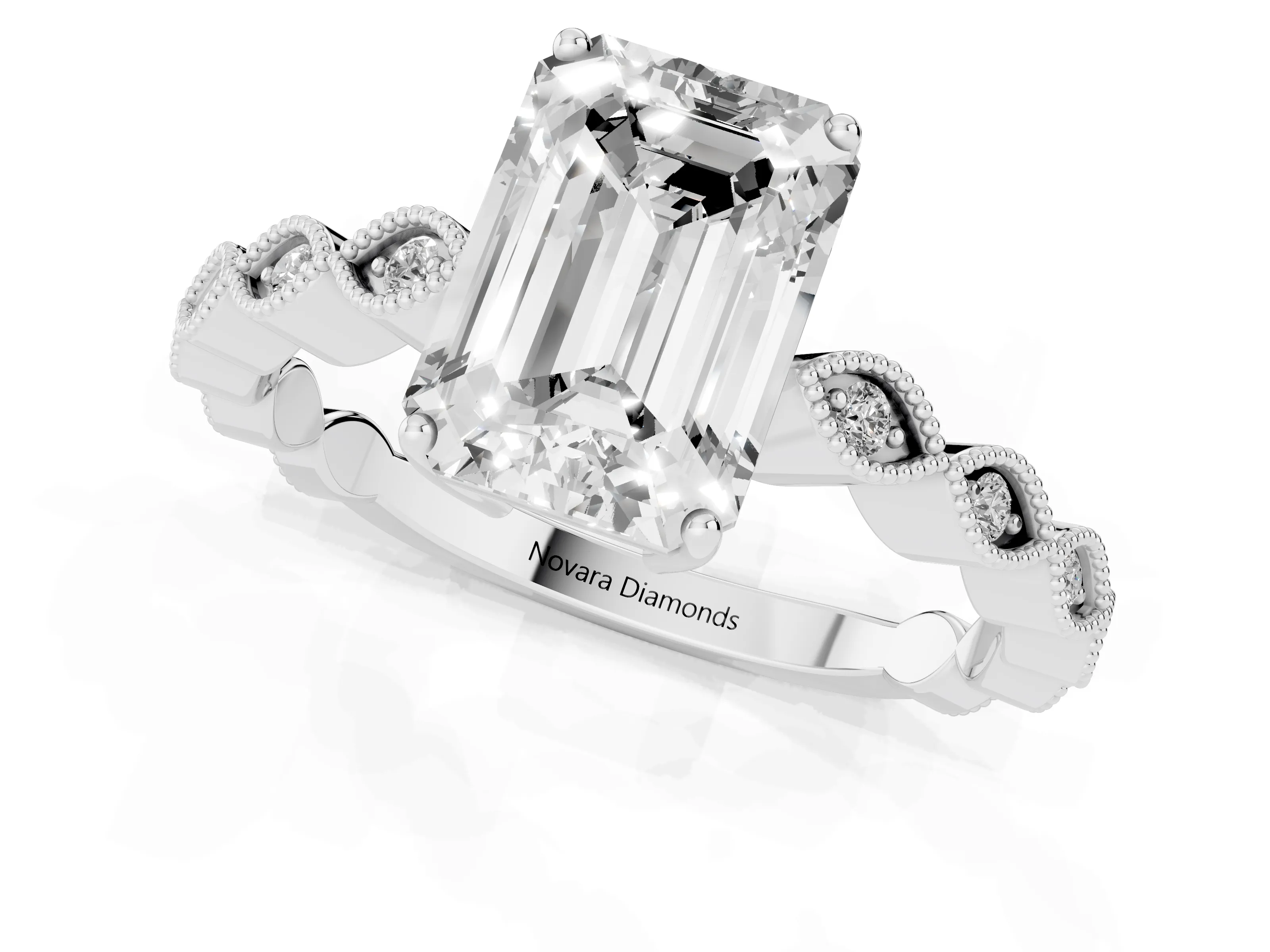 Emerald Cut Diamond Solitaire Ring Set in Silver with Infinity Twist Pavé Band