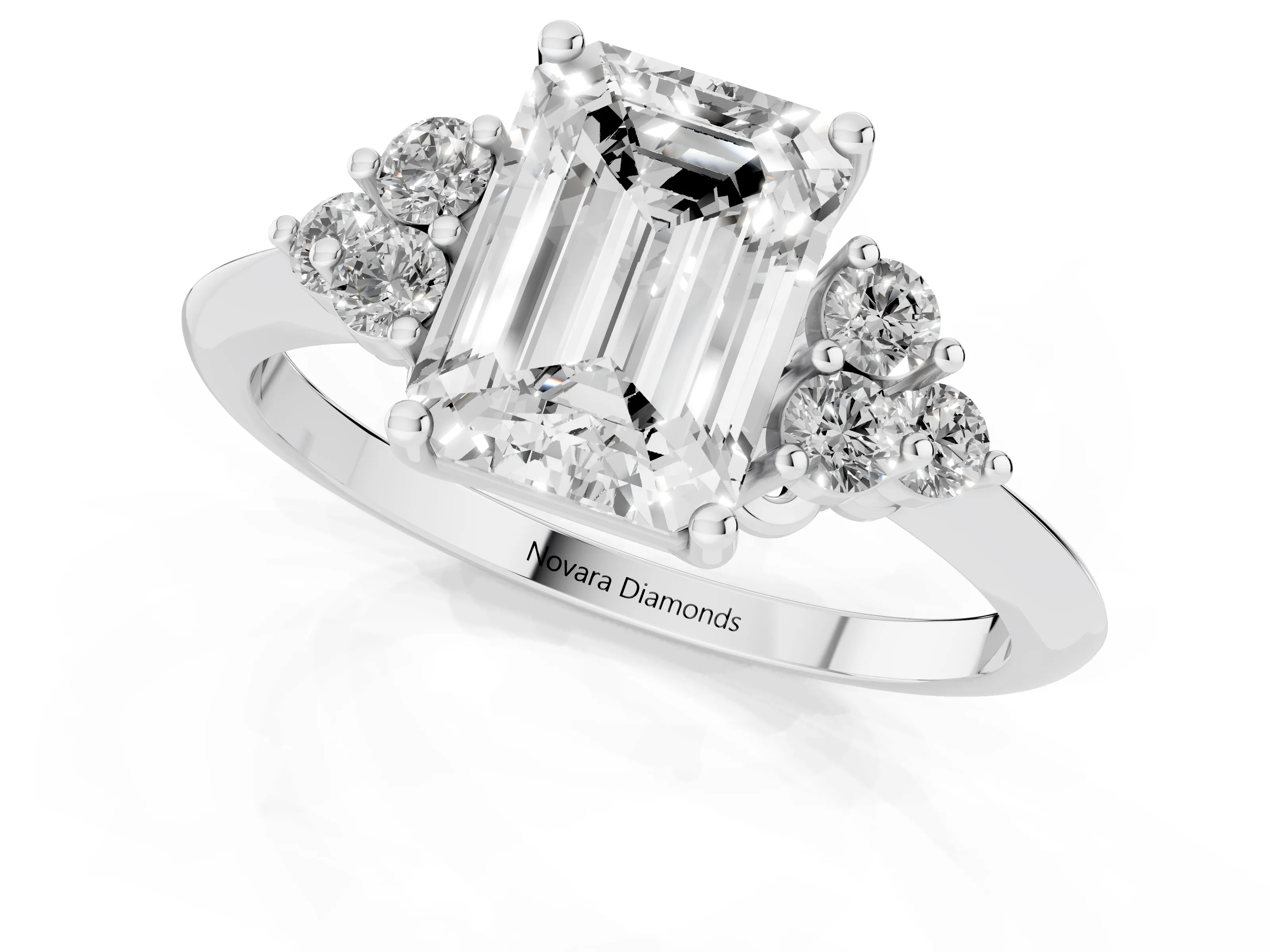 Emerald Cut Diamond Cluster Ring Set in White gold with Plain Band and Prong Setting