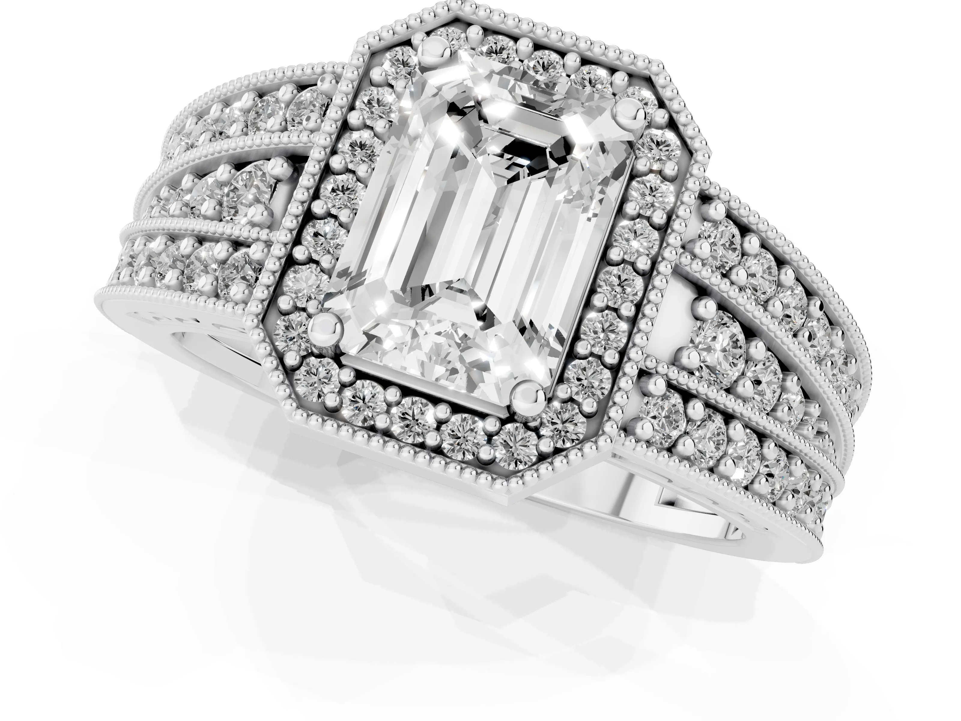 Emerald Cut Diamond Halo Ring Set in Silver with Accent Split Shank and Prong Setting