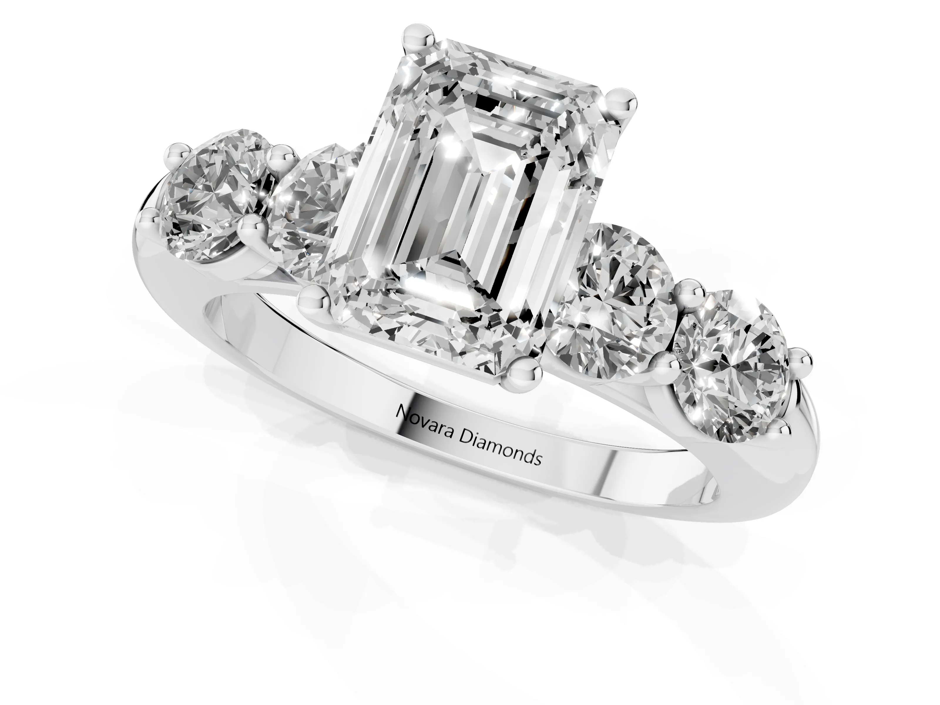 Emerald Cut Diamond Five-Stone Prong Set Ring Set in White gold with Classic Band