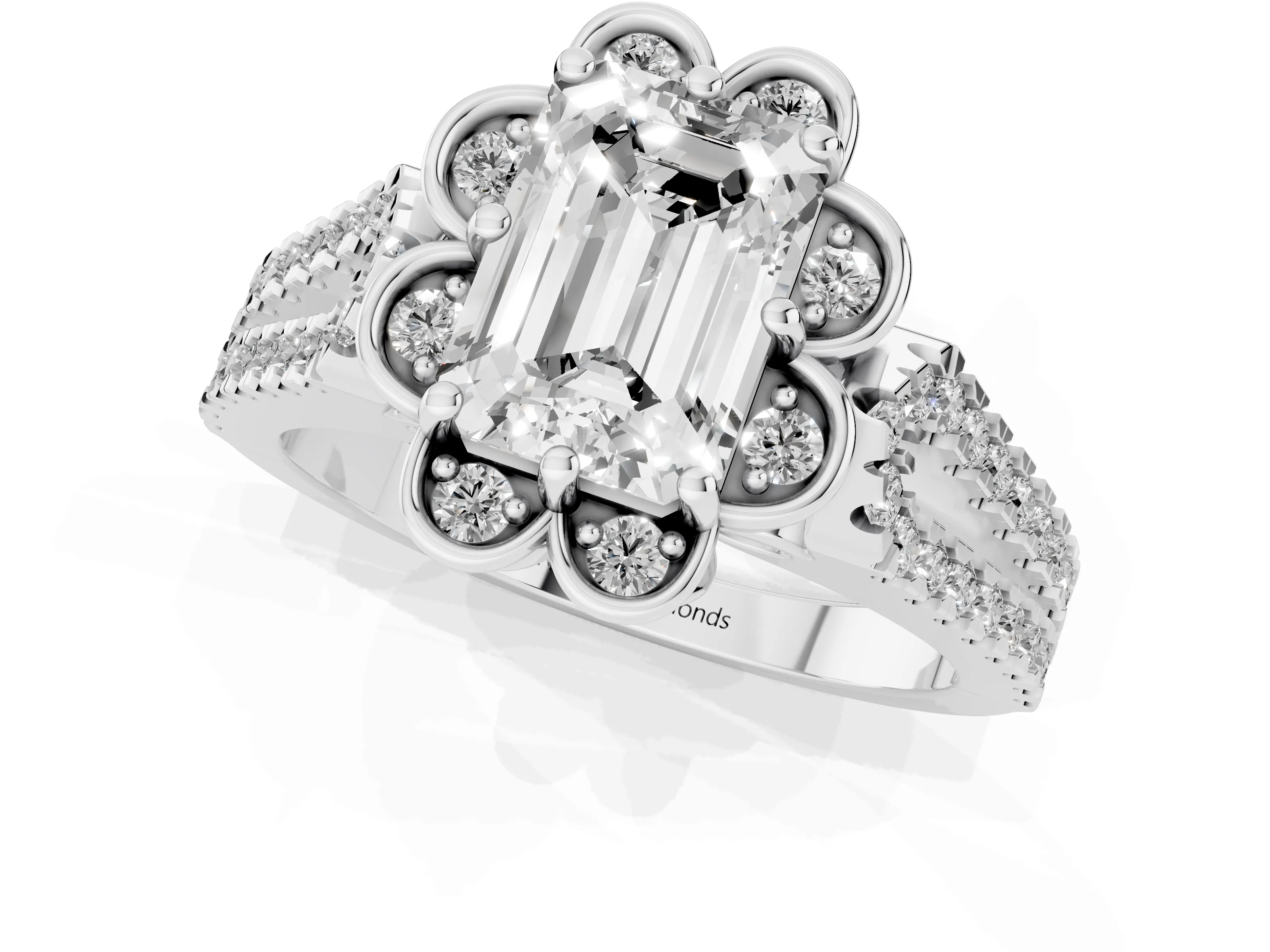 Emerald Cut Diamond Floral Halo Split Shank Engagement Ring Set in White gold with Pavé Shank – second view