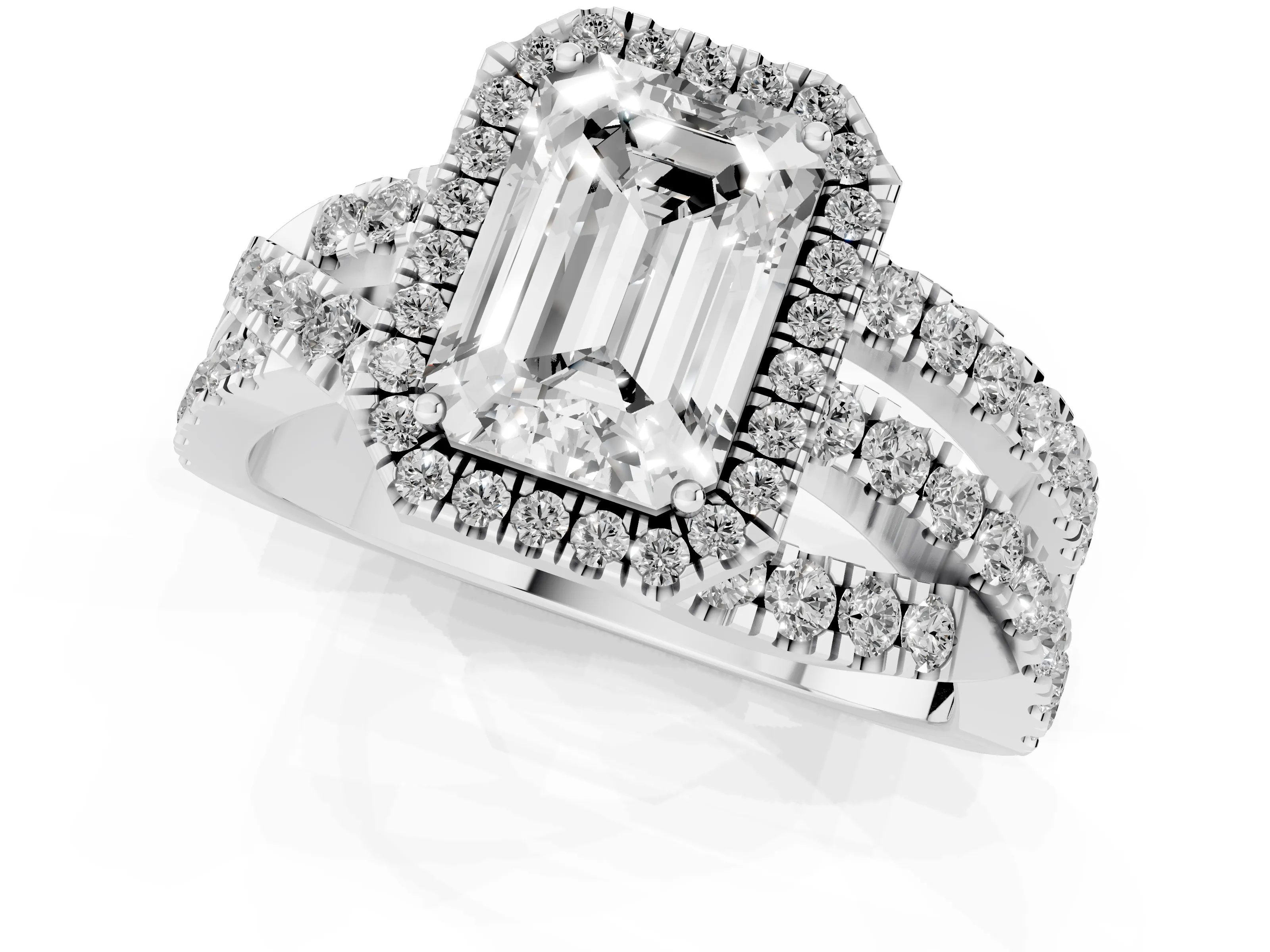 Emerald Cut Diamond Halo Ring Set in Platinum with Round Crossover Split Shank and Prong Setting