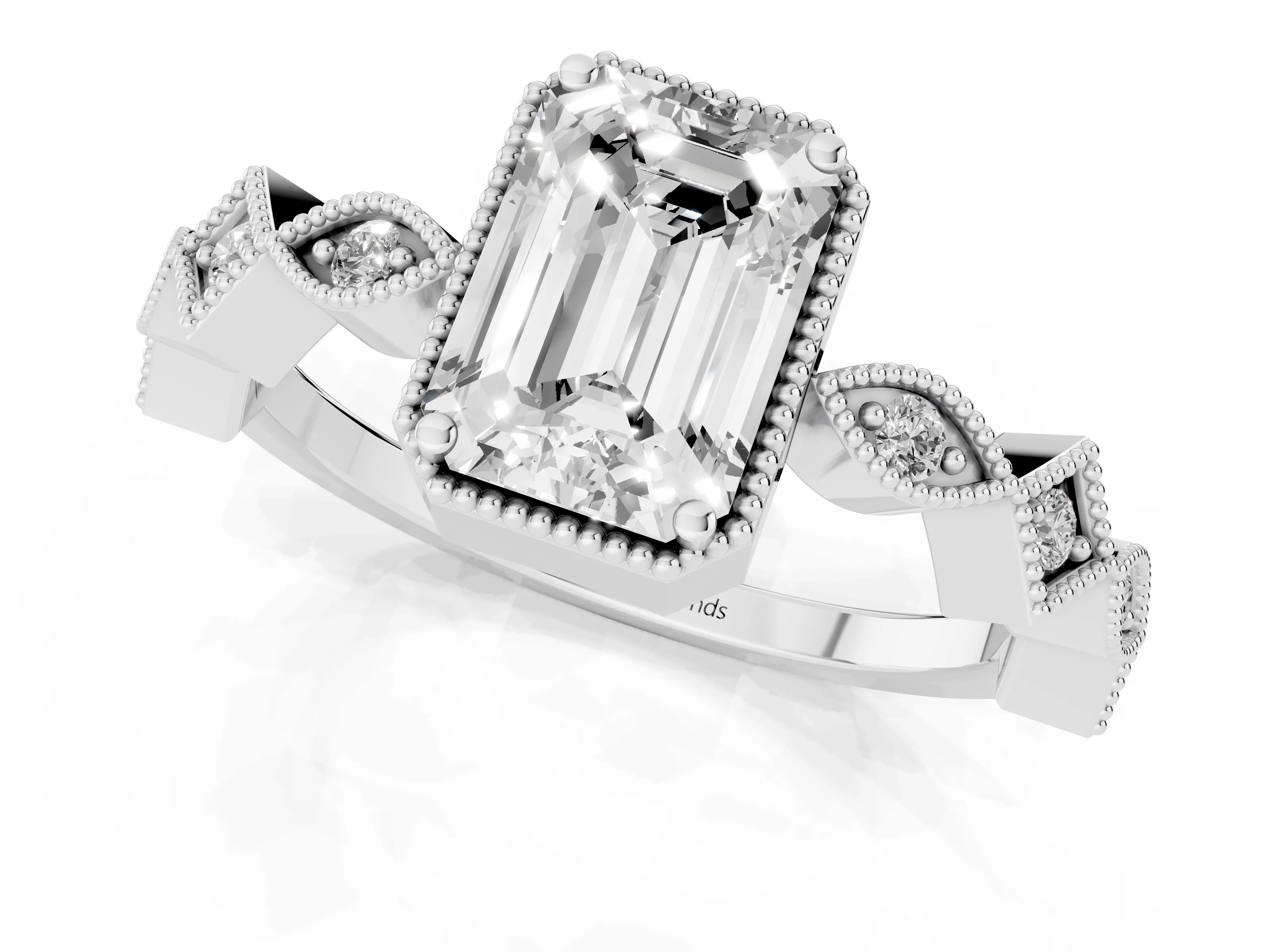 Emerald Cut Diamond Milgrain Marquise Twist Band Ring Set in White gold with Prong Setting