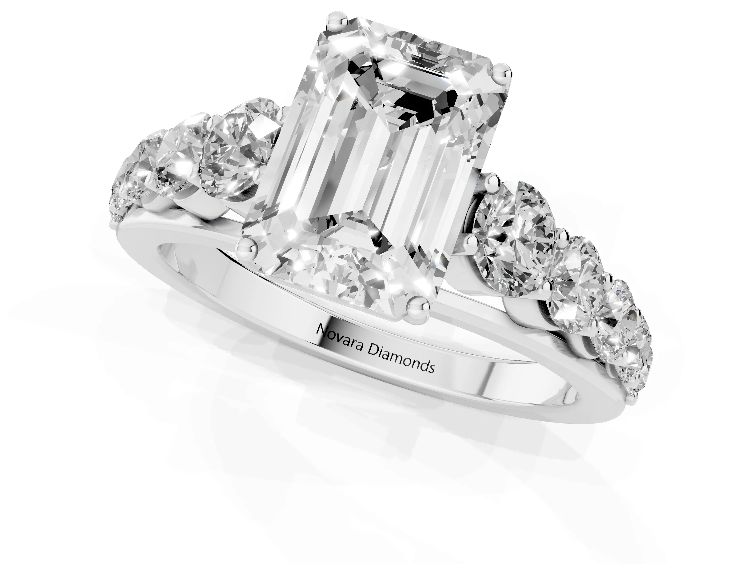 Emerald Cut Diamond Solitaire Ring Set in Platinum with Pavé-Set Band and Prong Setting