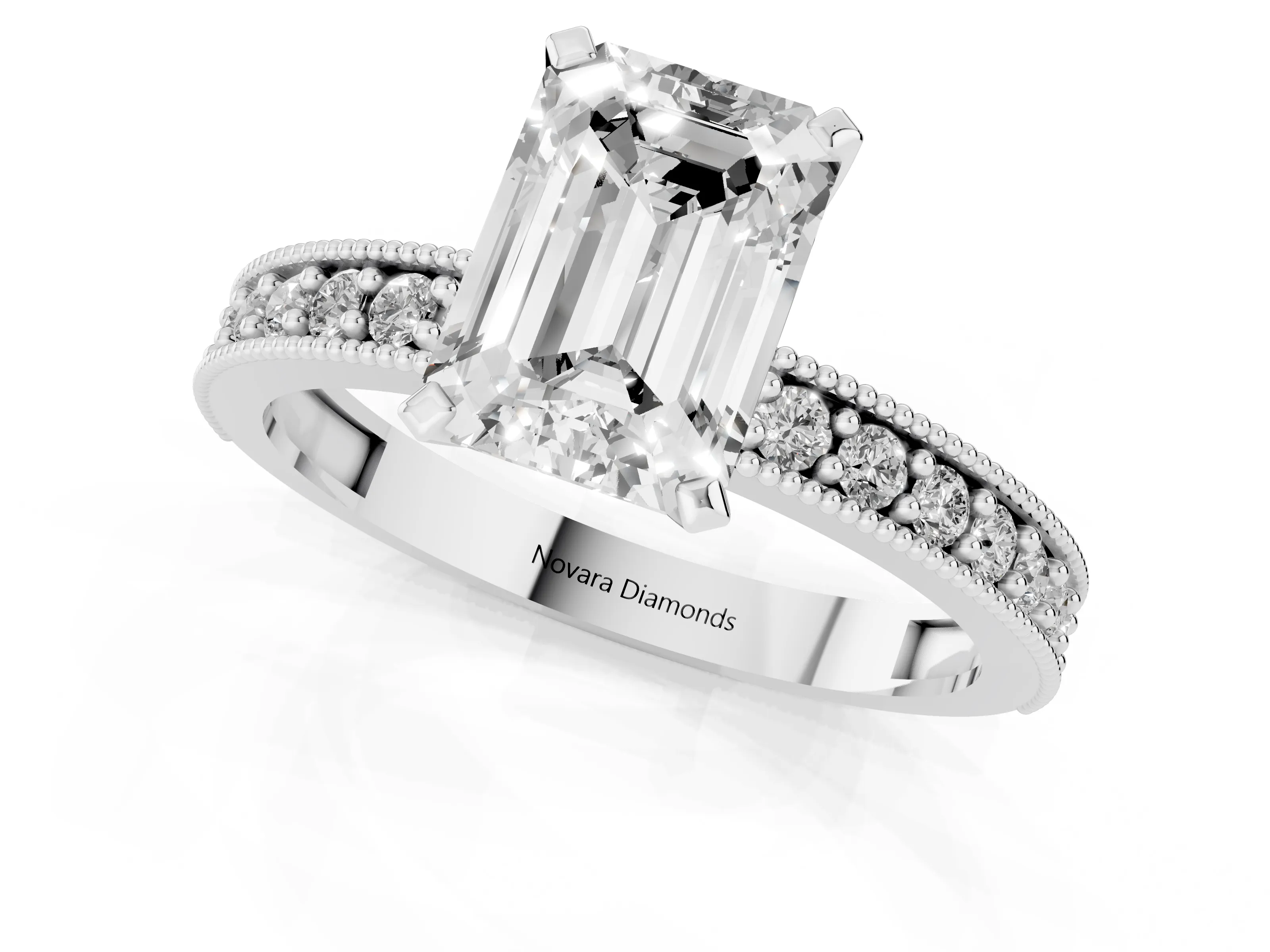 Emerald Cut Diamond Milgrain Pavé Engagement Ring Set in White gold with Prong Setting – second view