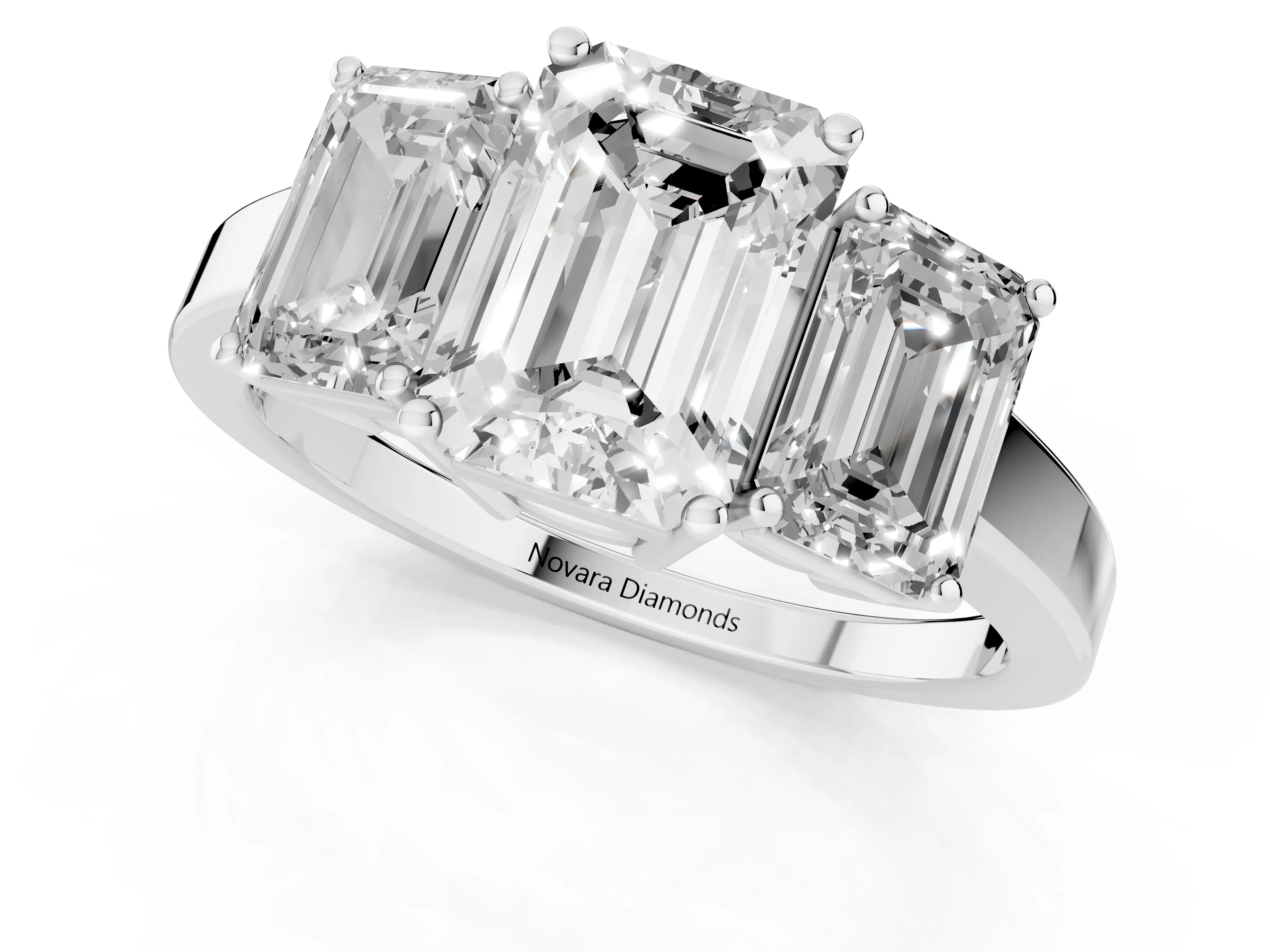 Emerald Cut Diamond Three-Stone Engagement Ring Set in Silver with Flat Band