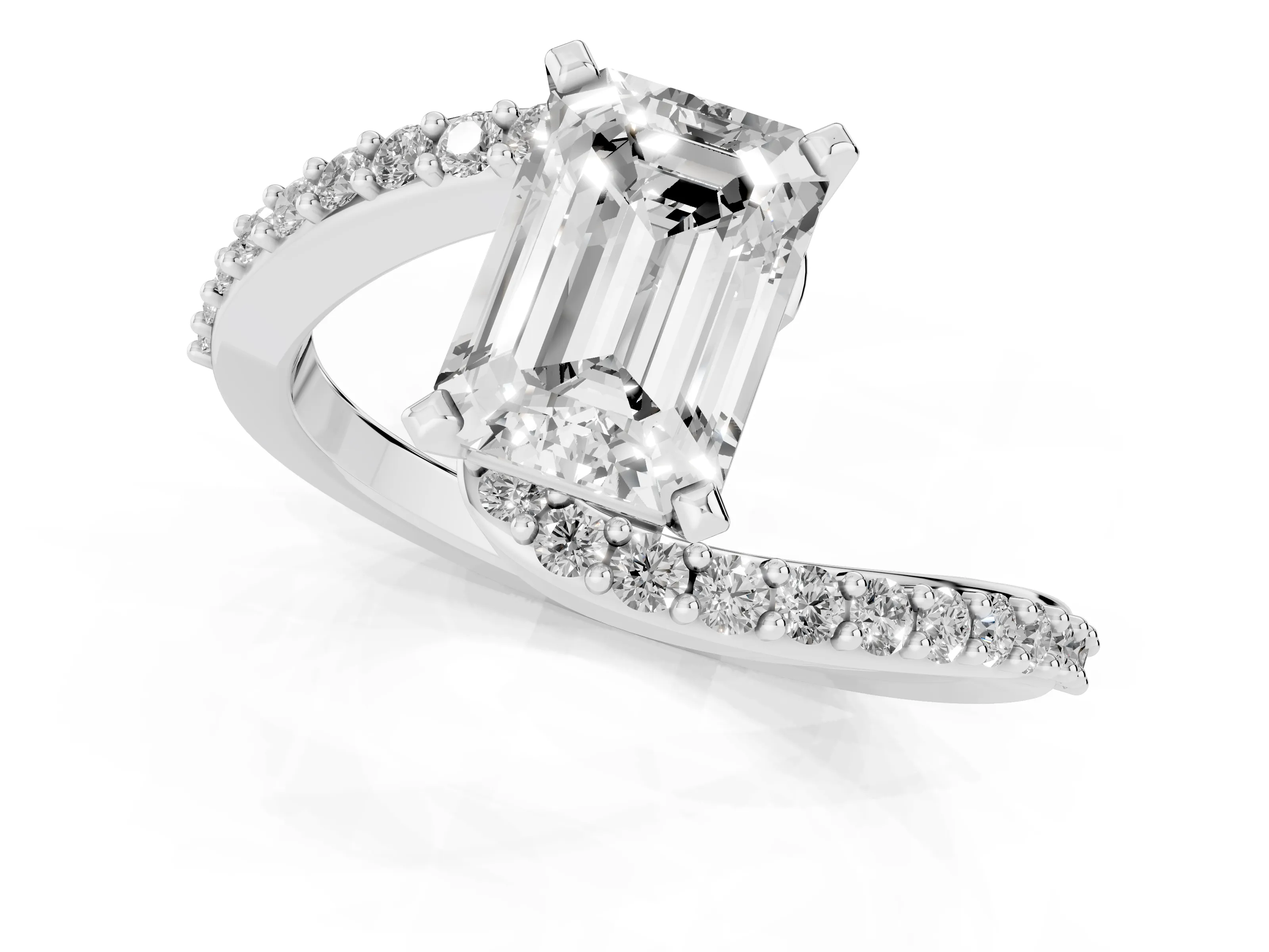 Emerald Cut Diamond Solitaire Ring Set in Platinum with Pavé Twist Band and Prong Setting