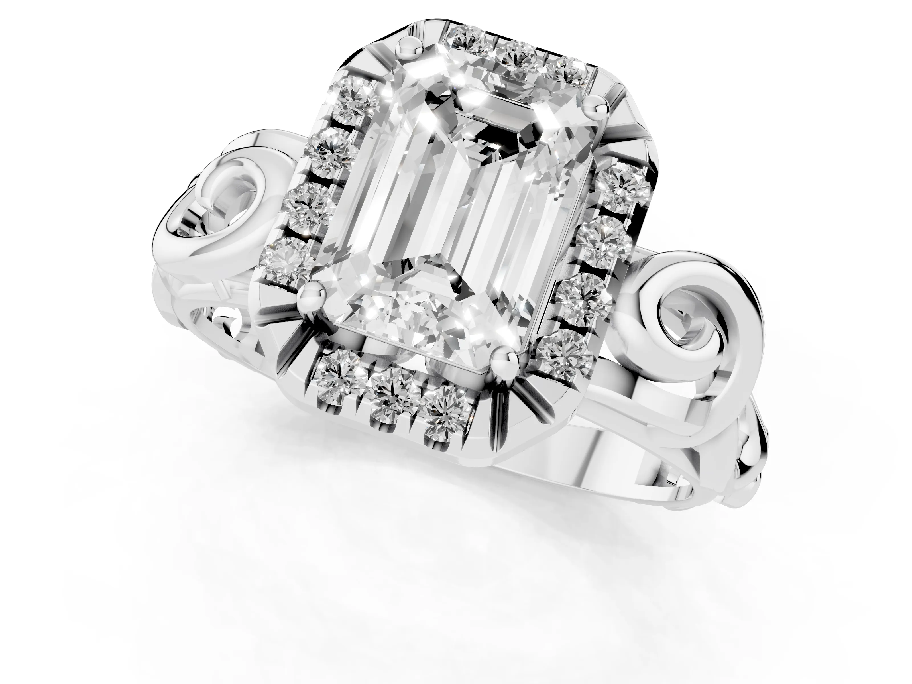 Emerald Cut Diamond Halo Ring Set in Platinum with Scrollwork Band and Prong Setting