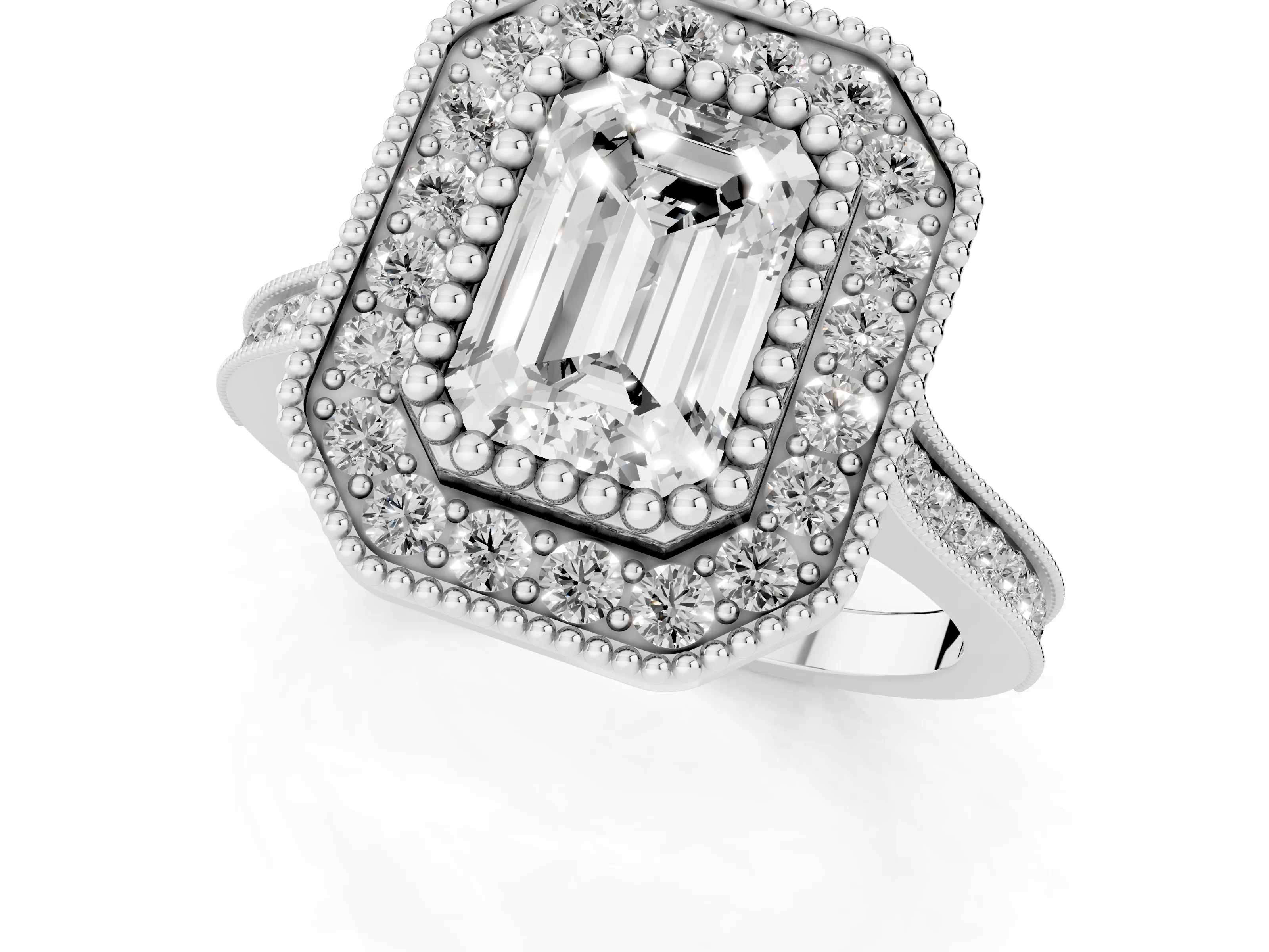 Emerald Cut Diamond Halo Ring Set in White gold with Milgrain Frame and Pavé Band – second view