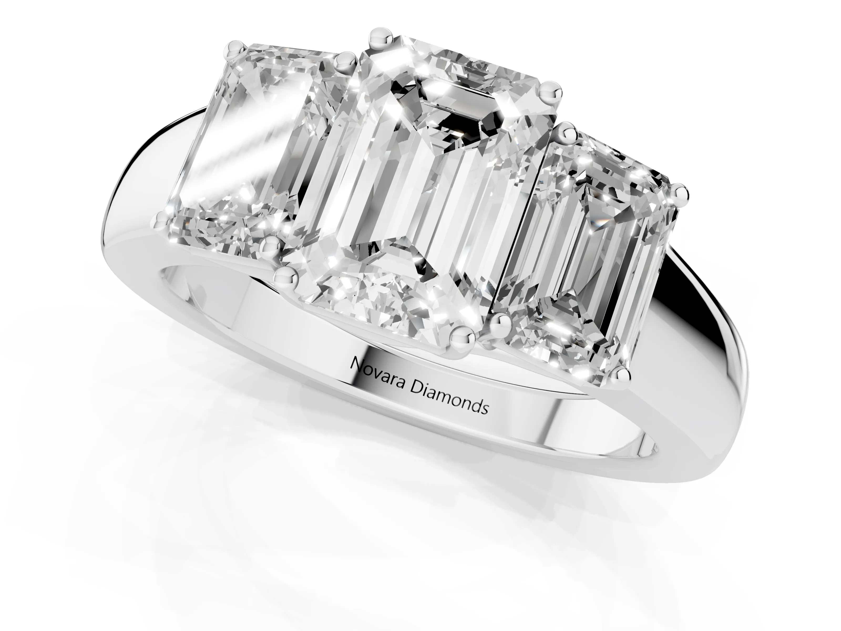 Three-Stone Emerald Cut Diamond Ring Set in White gold with Matching Prong Settings and Plain Band – second view
