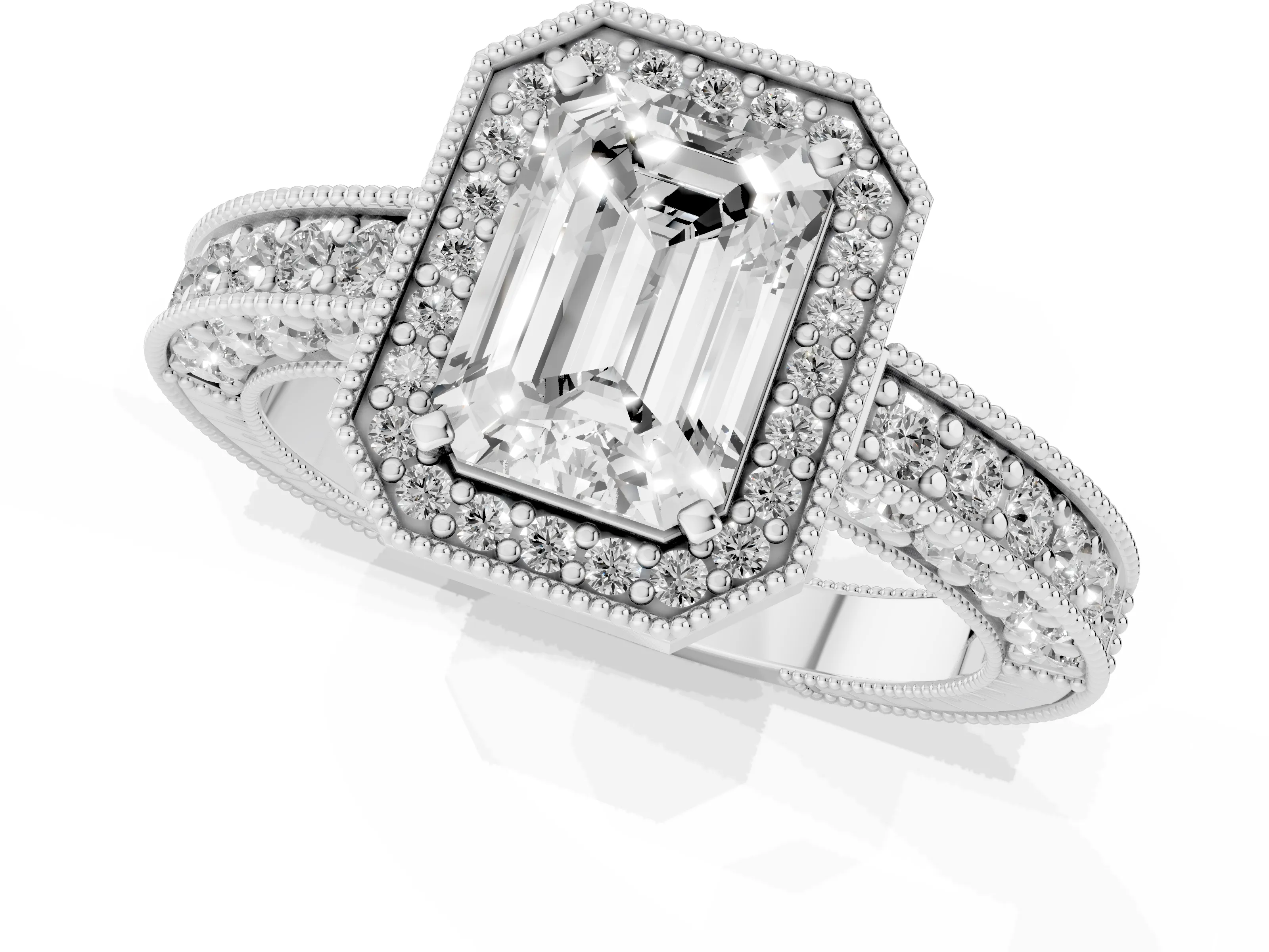 Emerald Cut Diamond Halo Pavé Band Ring Set in Silver with Prong-Set Center