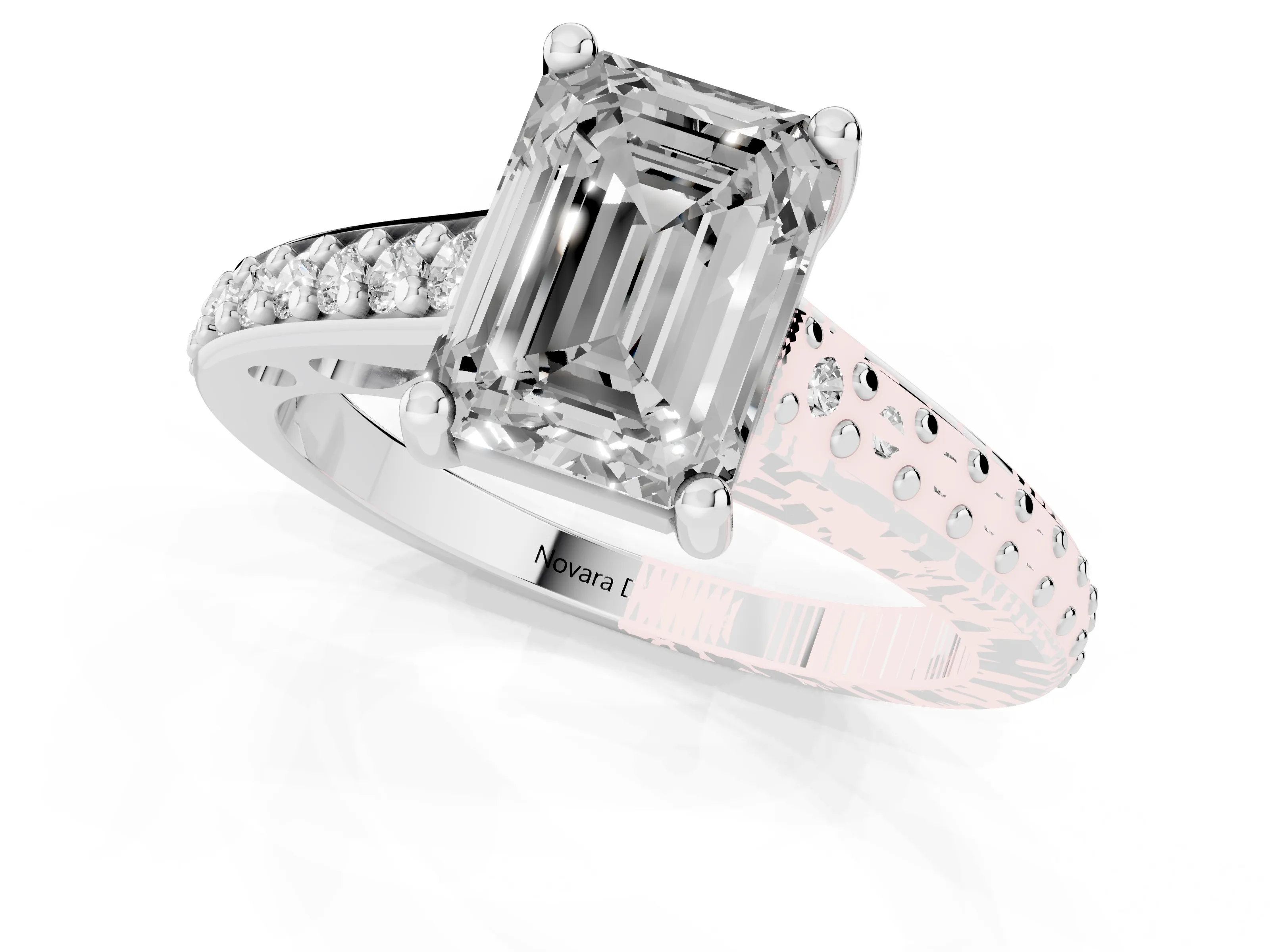 Emerald Cut Diamond Prong Set Solitaire Engagement Ring Set in Platinum with Pavé Band