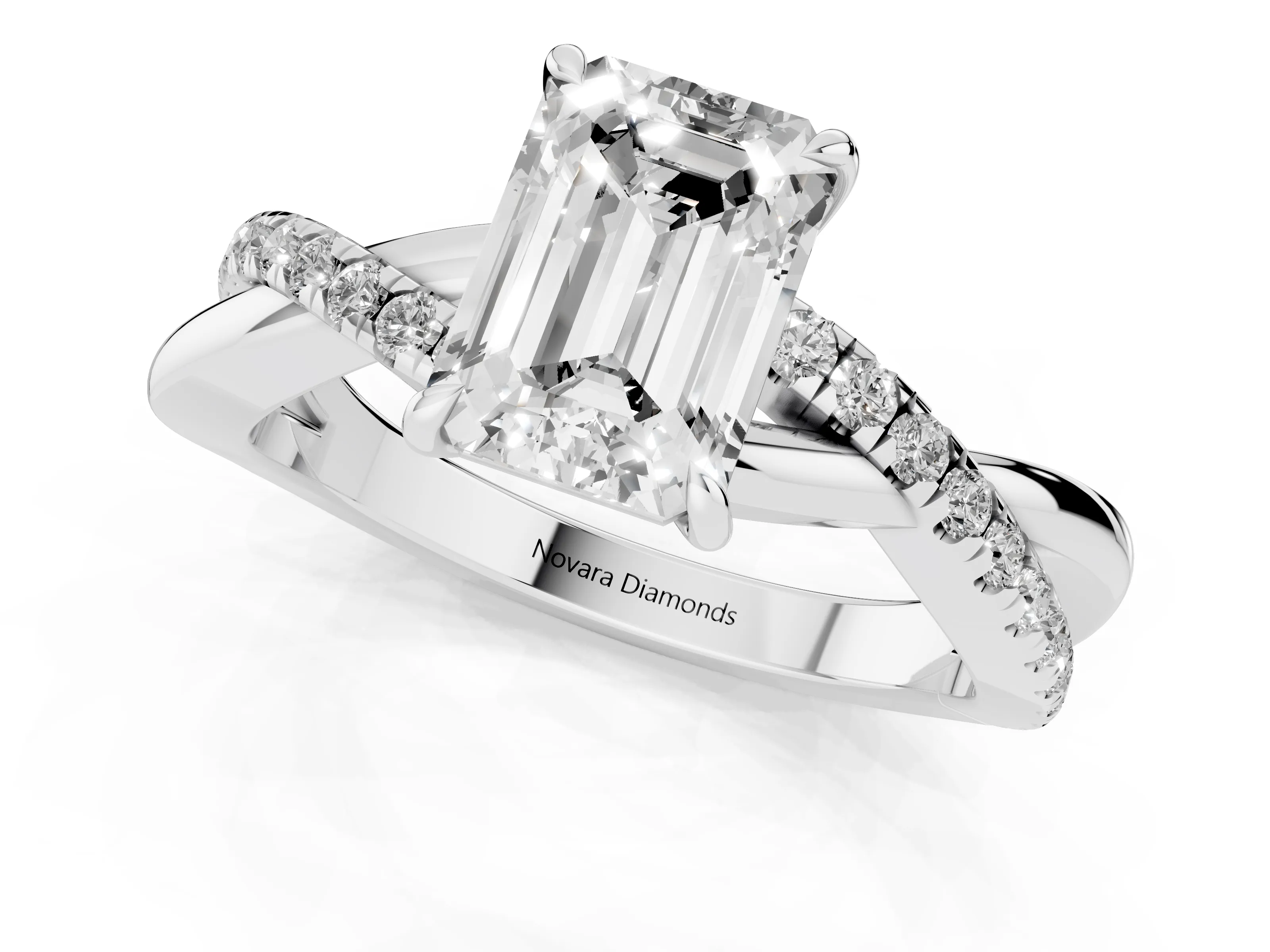 Emerald Cut Diamond Twisted Pavé Band Ring Set in Silver with Prong Setting