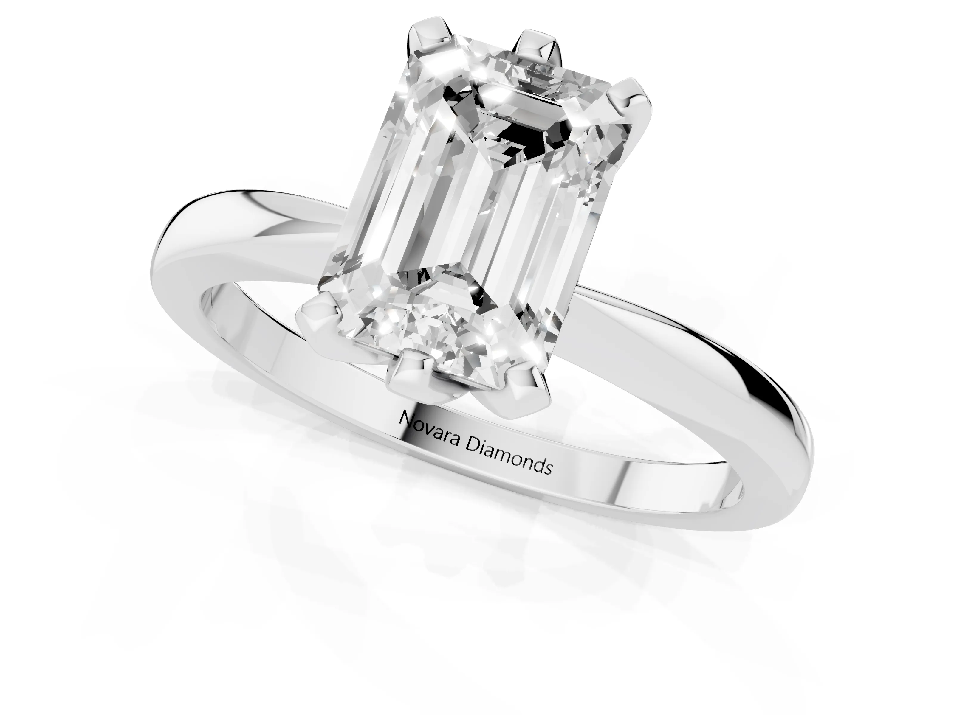 Emerald Cut Diamond Solitaire Engagement Ring Set in Silver with Slim Tapered Solitaire Band