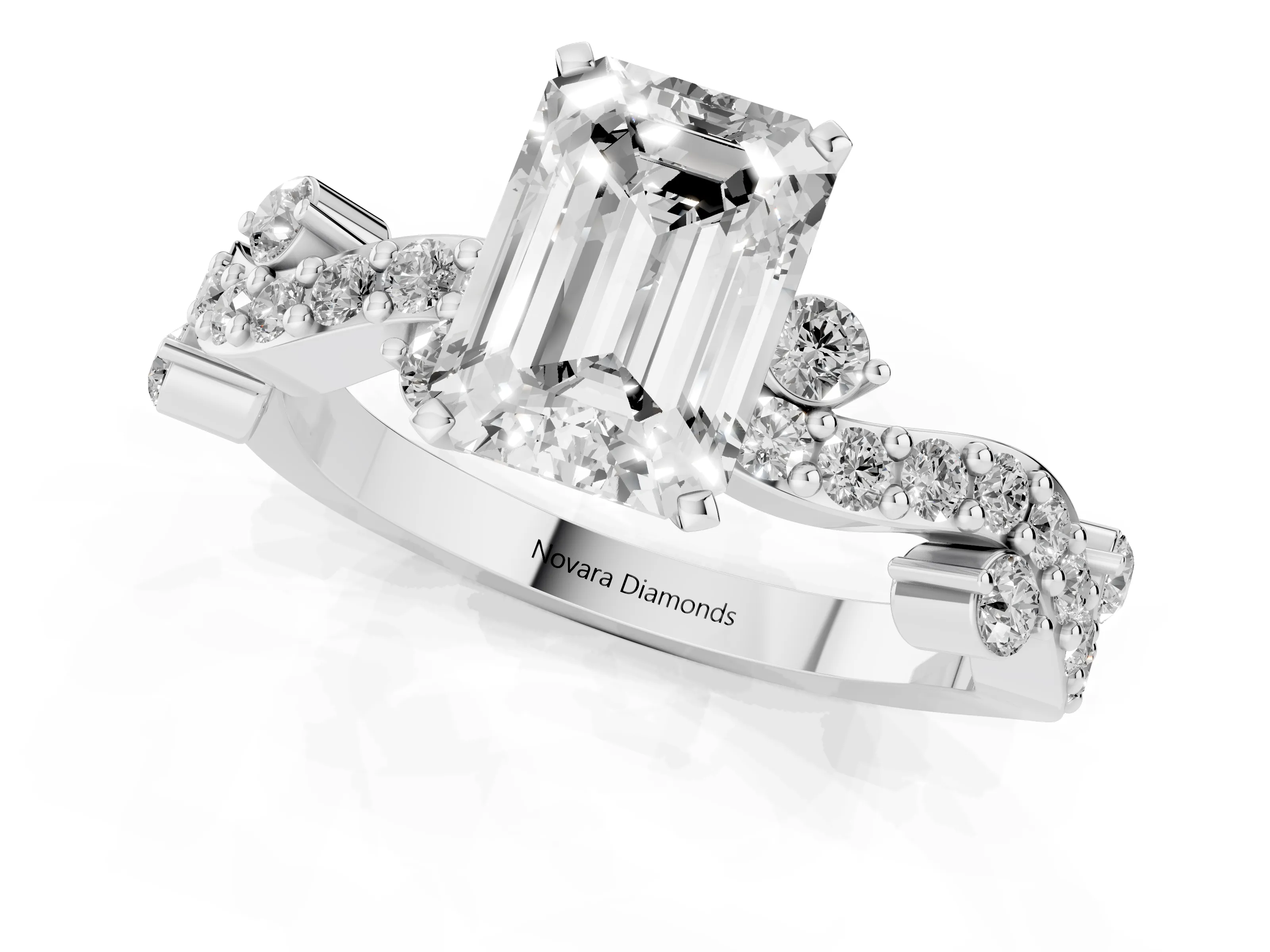 Emerald Cut Diamond Solitaire Twisted Band Set in Platinum with Pavé Setting