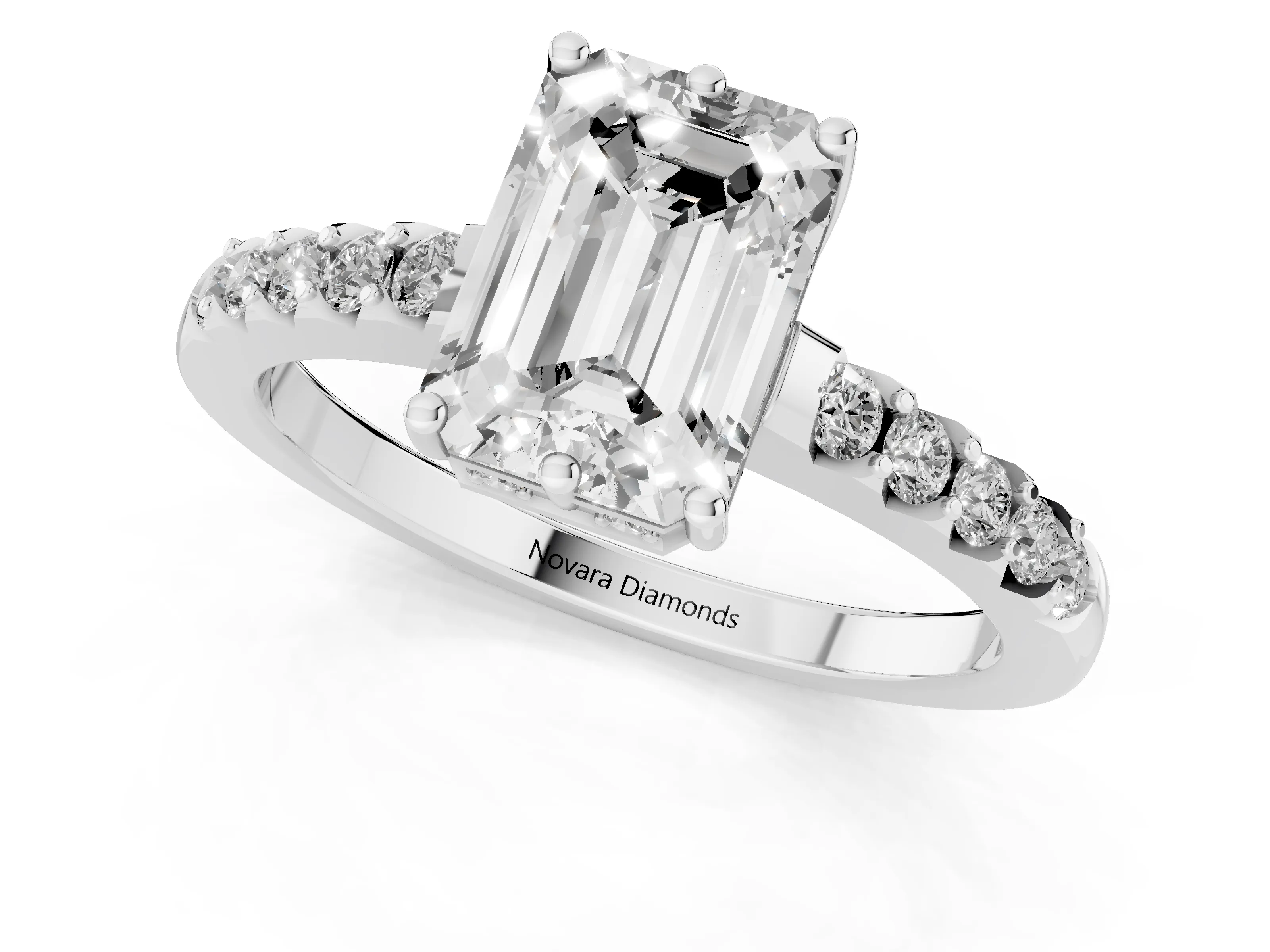 Emerald Cut Diamond Solitaire Engagement Ring Set in White gold with Pavé Band and Prong Setting – second view