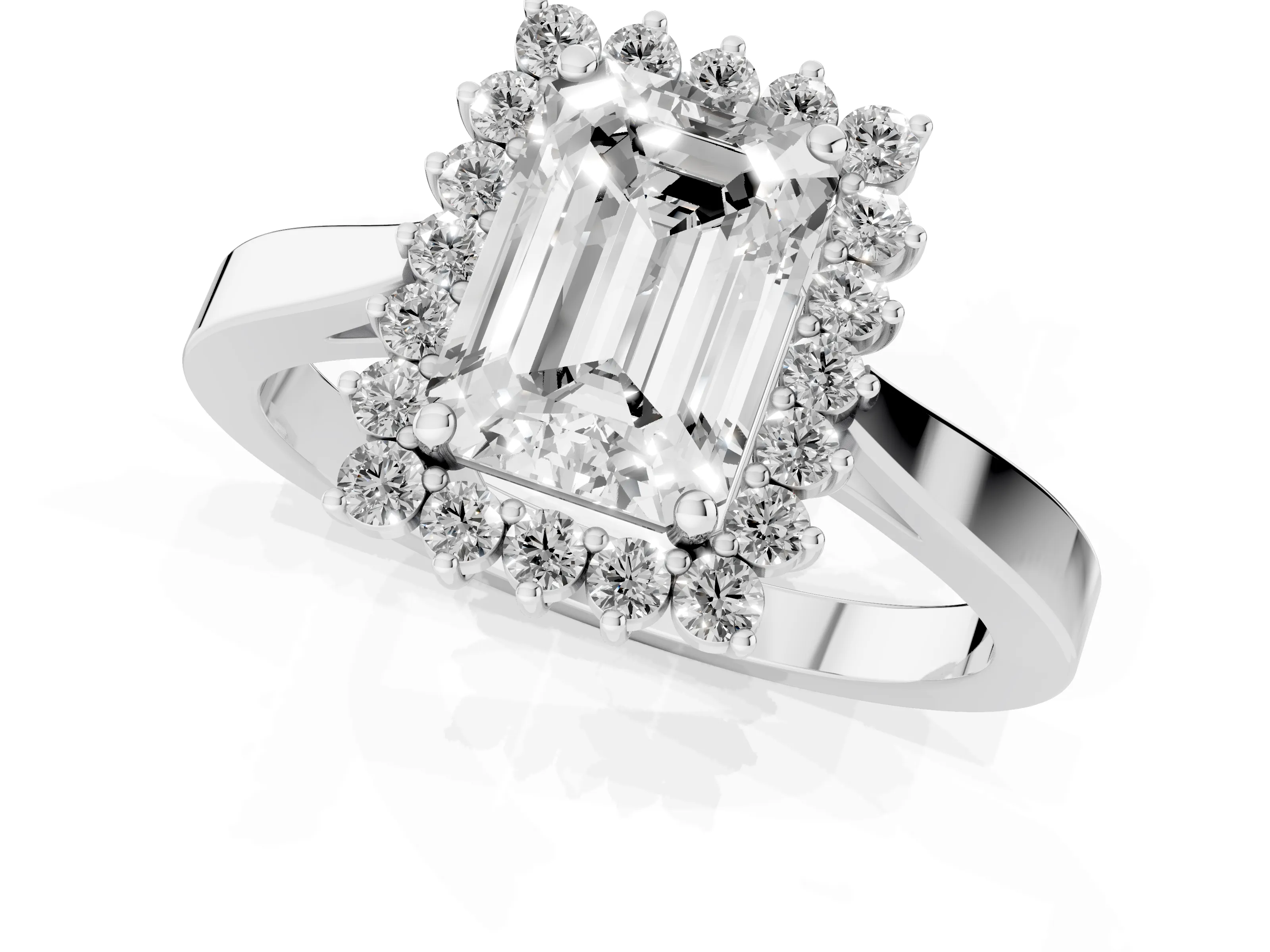 Emerald Cut Diamond Halo Ring Set in White gold with Round Halo and Smooth Solitaire Band