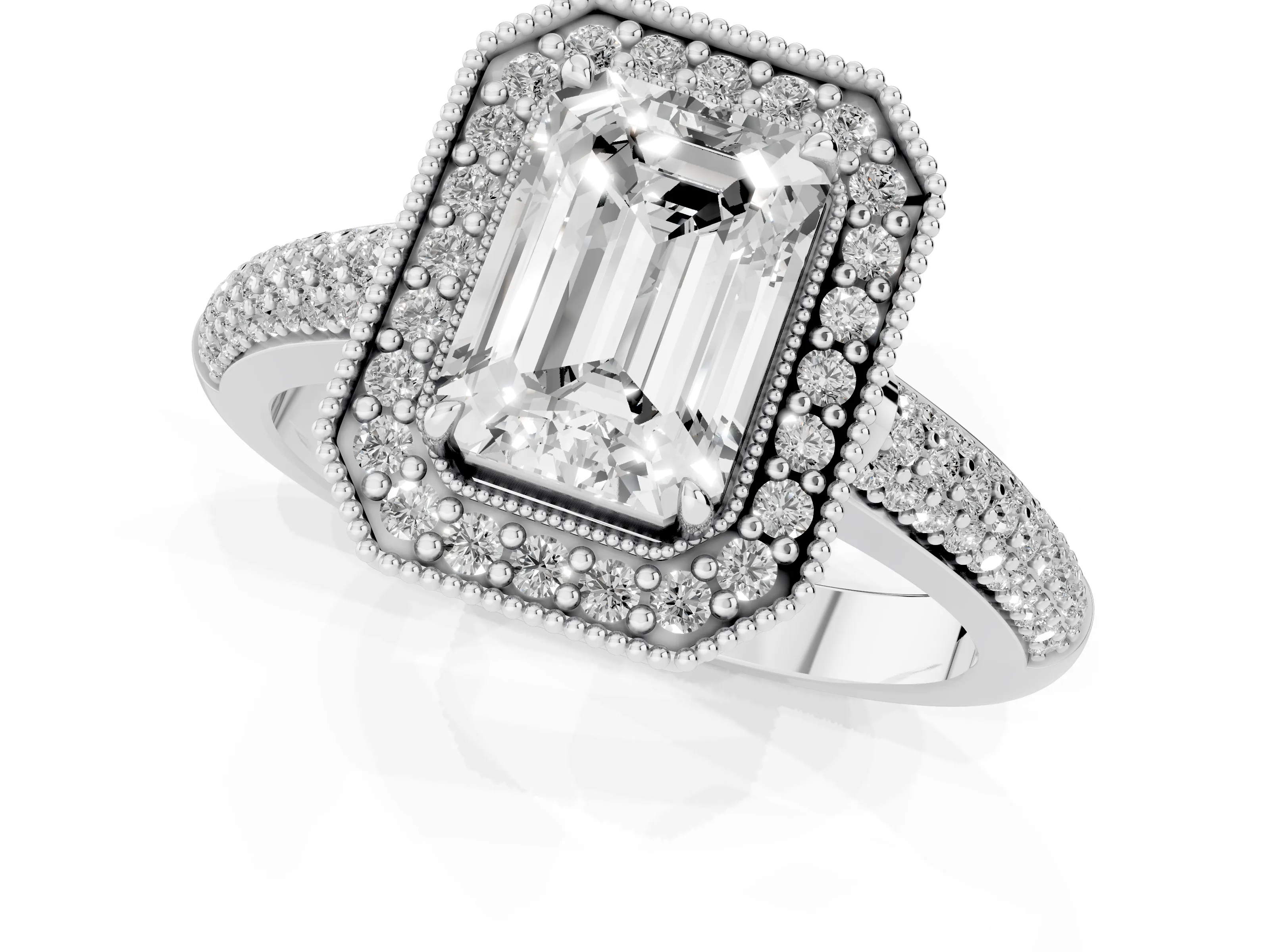 Emerald Cut Diamond Halo Pavé Band Set in Silver with Prong Setting