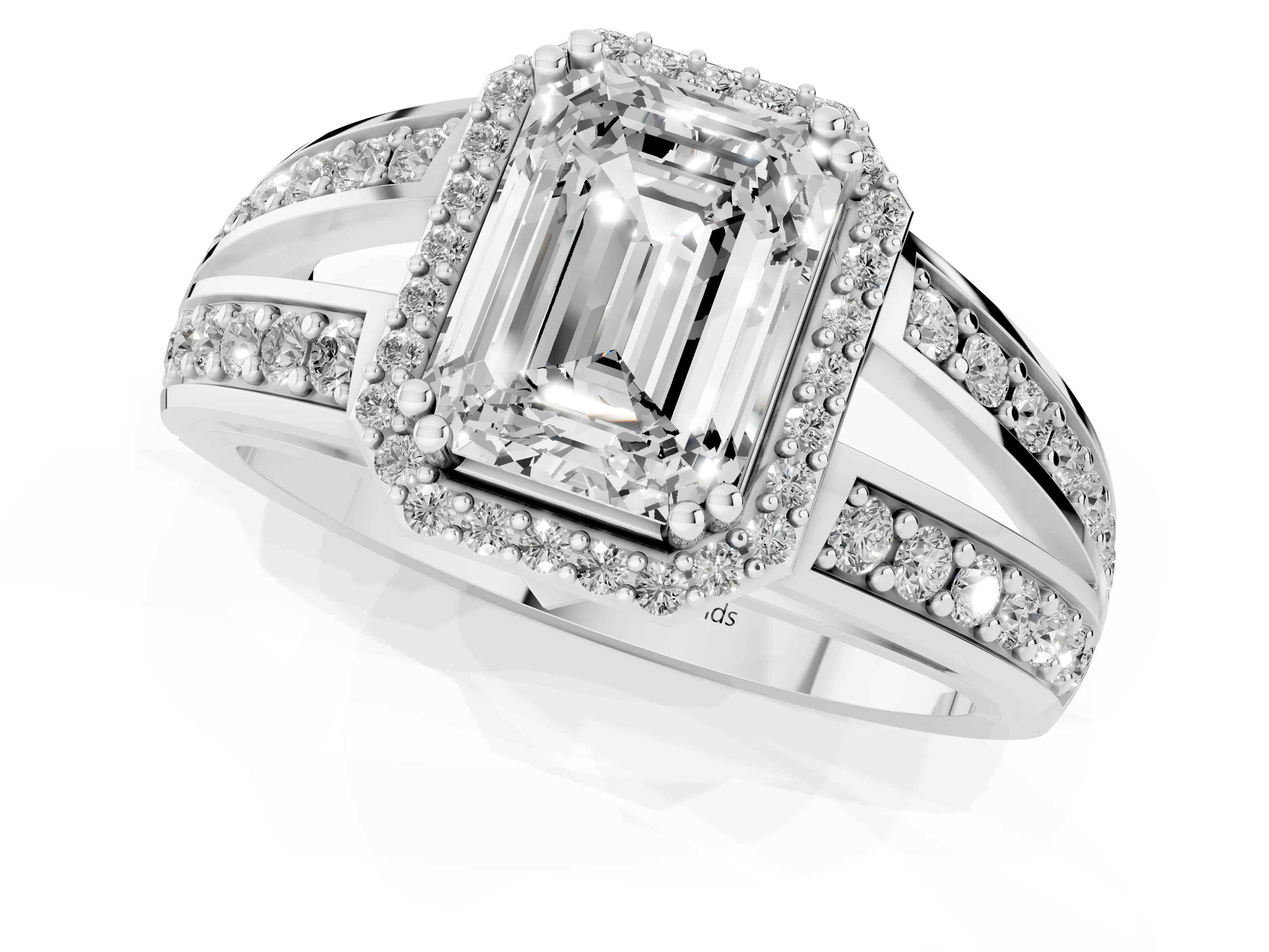 Emerald Cut Diamond Halo Ring Set in White gold with Double Pavé Split Shank