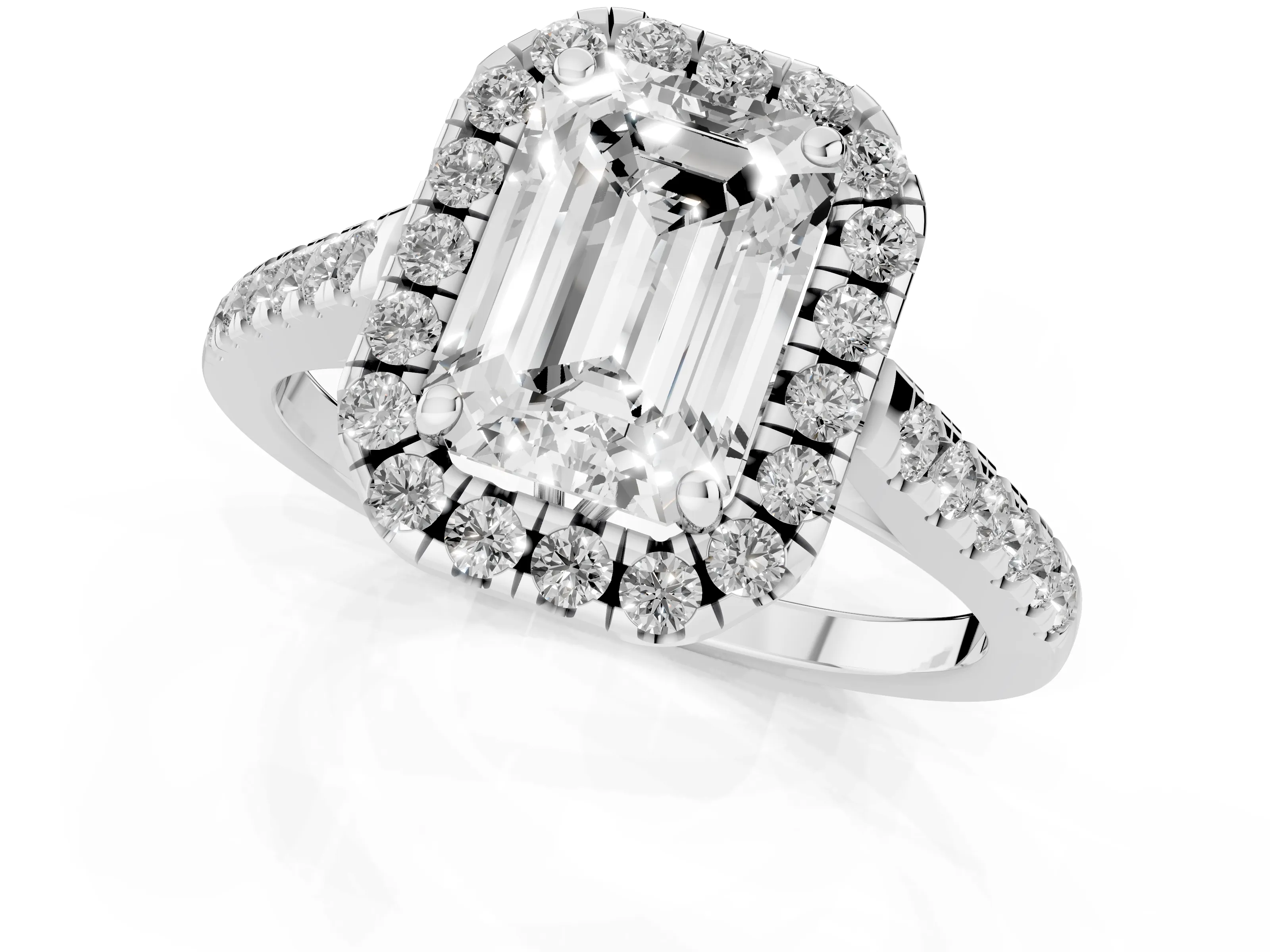 Emerald Cut Diamond Pavé Halo Engagement Ring Set in White gold with Pavé Band and Prong Setting – second view