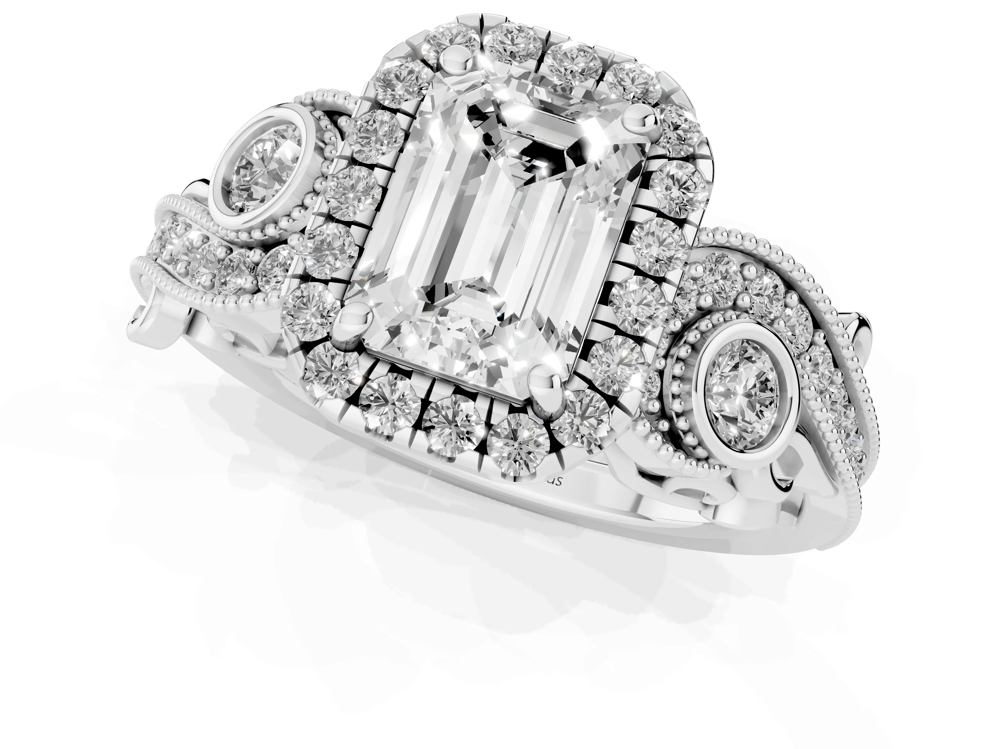 Emerald Cut Diamond Halo Ring Set in White gold with Milgrain Pavé Band and Prong Setting – second view