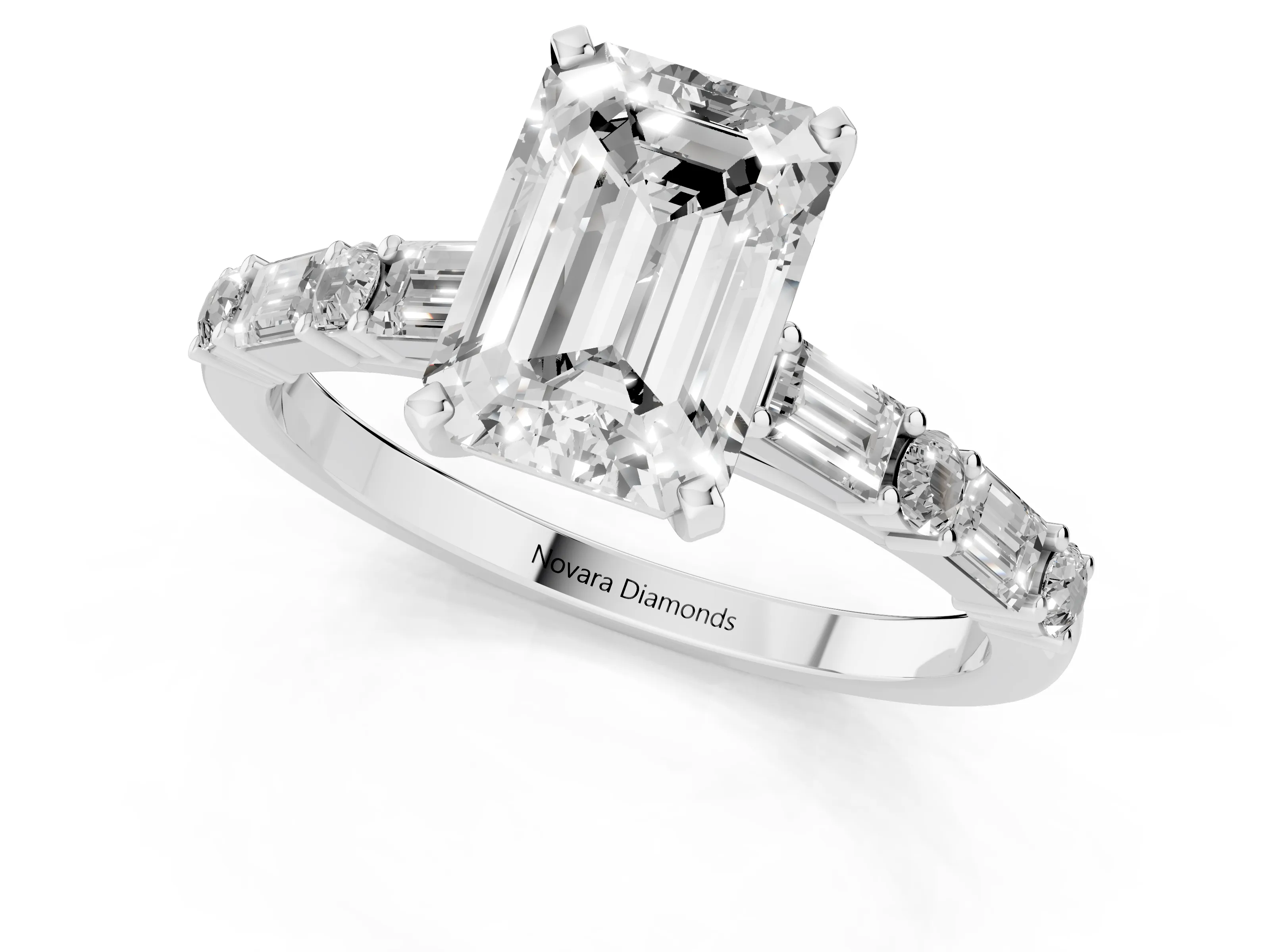 Emerald Cut Diamond Solitaire Set in Platinum with Side Baguettes and Channel Set Band