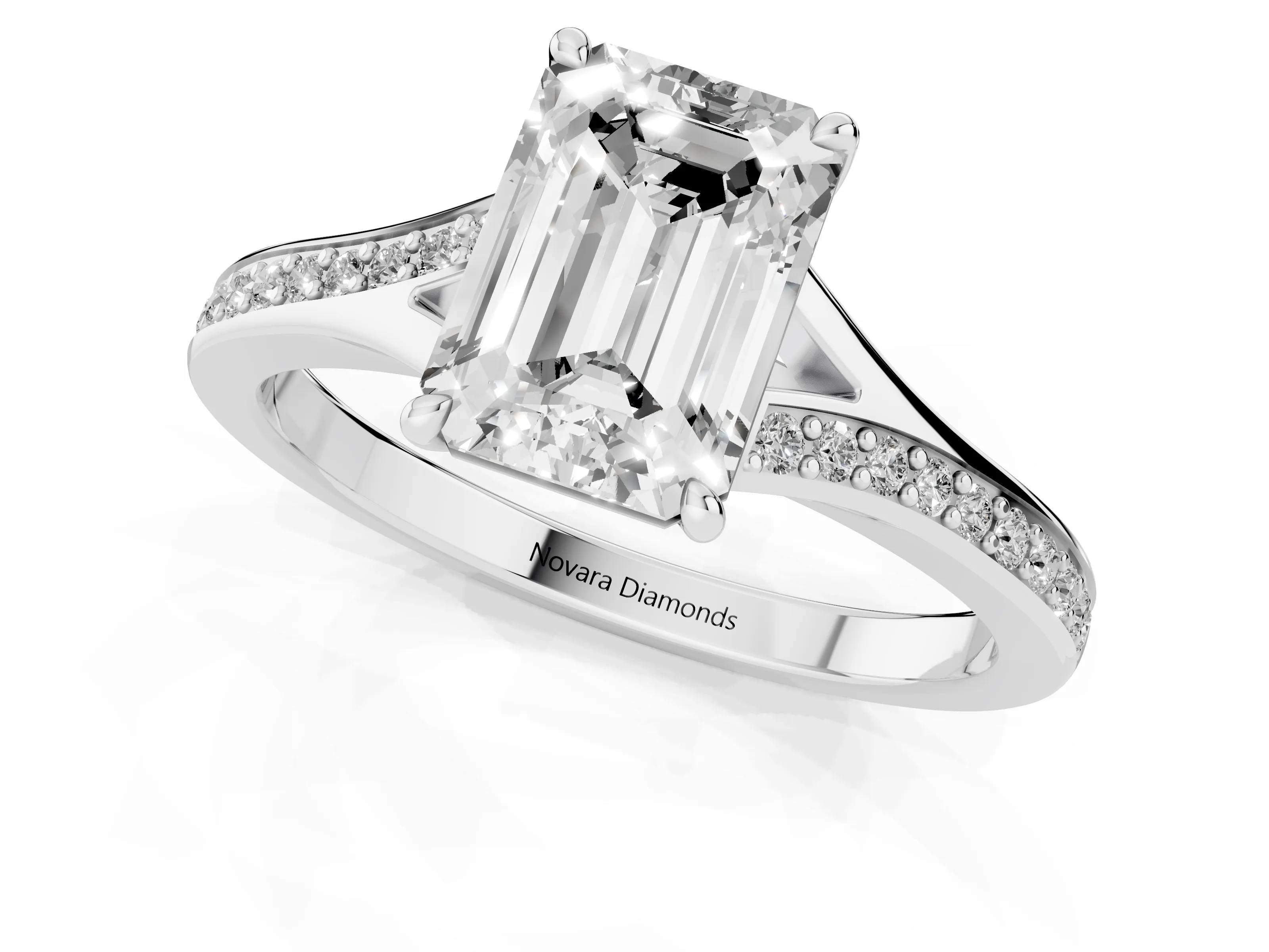 Emerald Cut Diamond Solitaire Ring Set in Silver with Pavé Accent Band and Classic Prong Setting