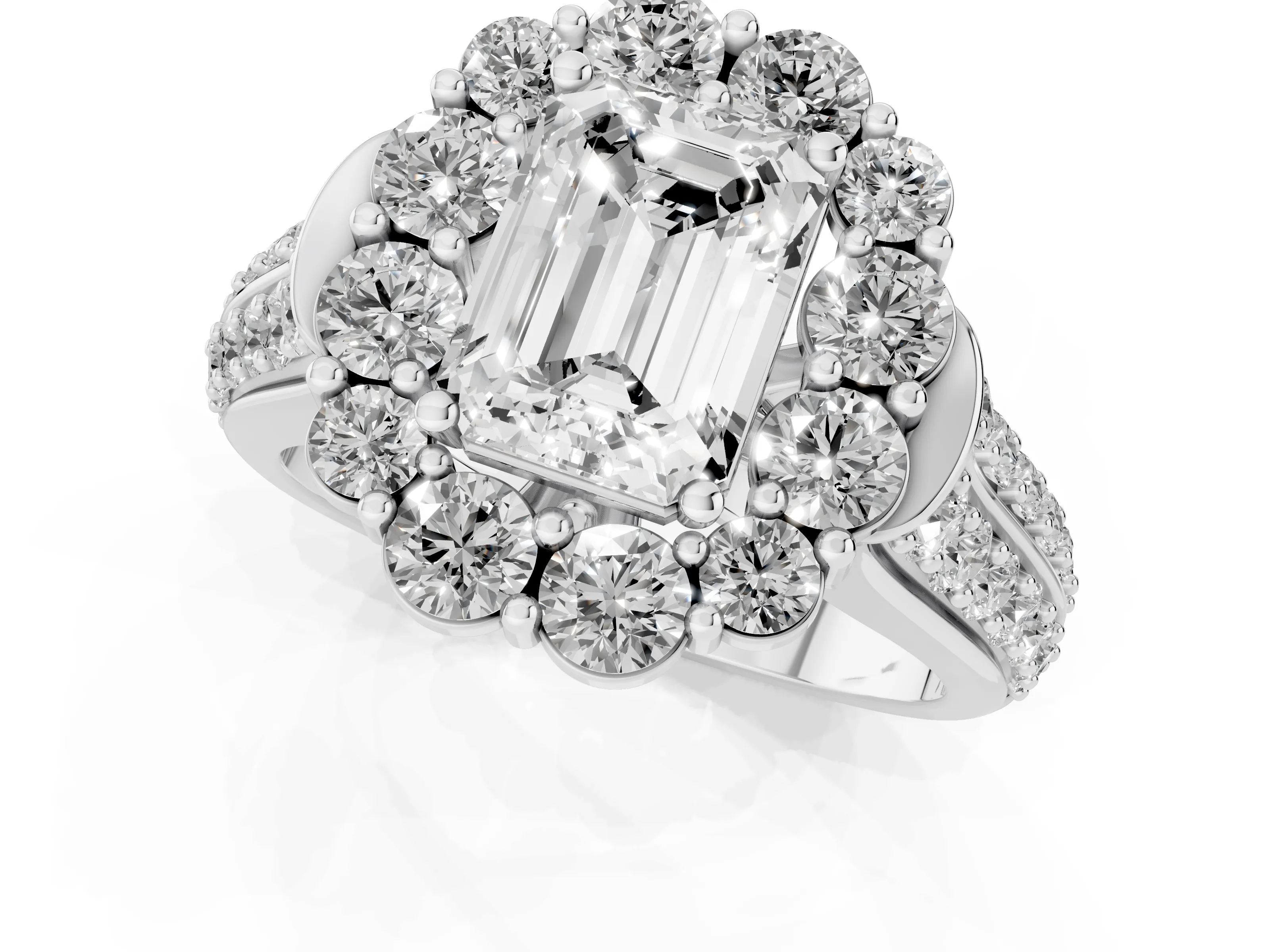 Emerald Cut Diamond Halo Engagement Ring Set in White gold with Split Shank and Prong Setting – second view