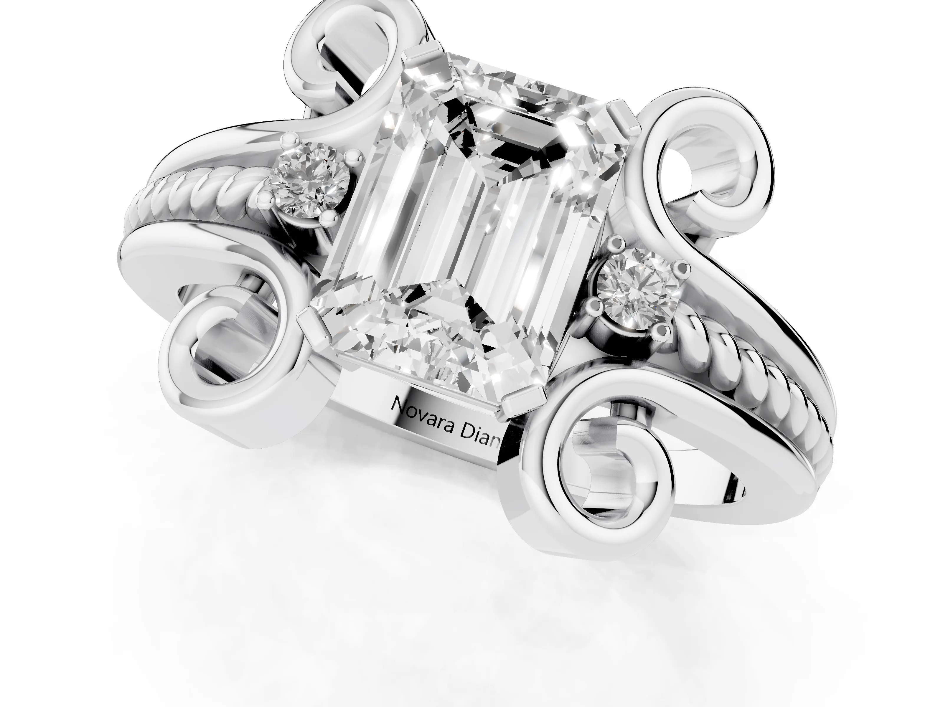 Emerald Cut Diamond Twisted Band Solitaire Ring Set in Platinum with Scroll Prongs
