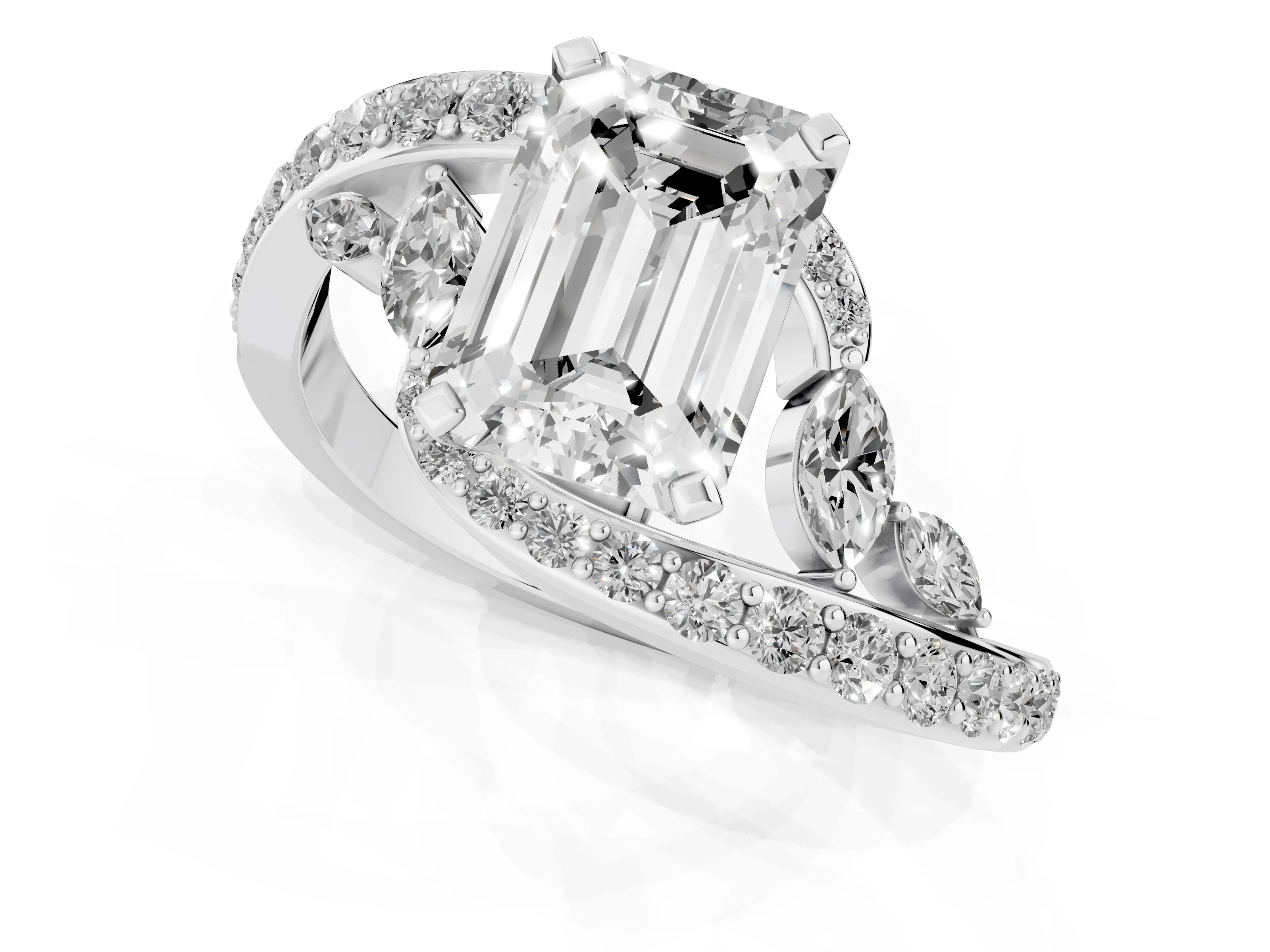 Emerald Cut Diamond Solitaire Ring Set in Platinum with Pavé Twist Band and Secure Prong Setting