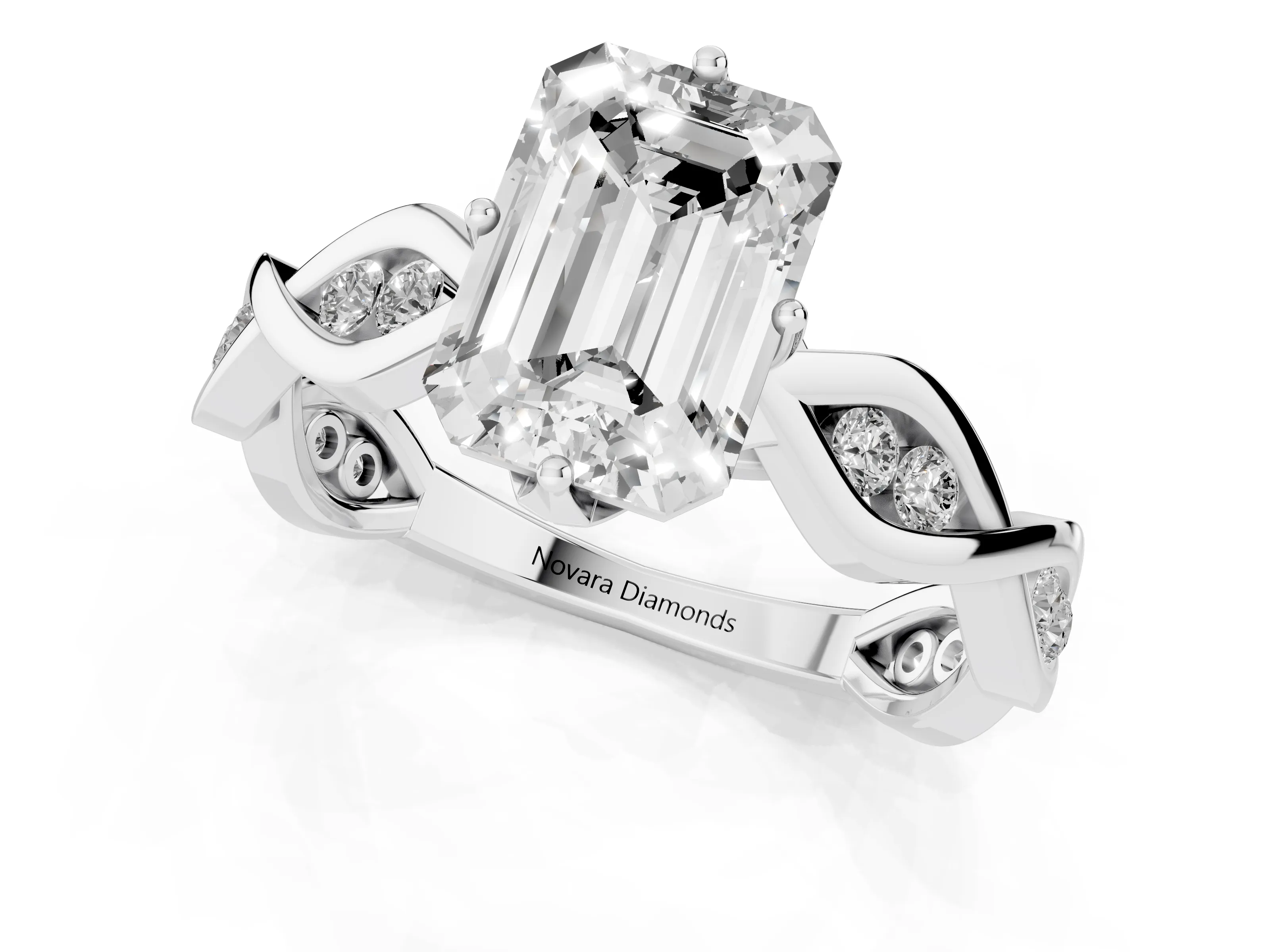 Emerald Cut Diamond Twist Band Solitaire Ring Set in Platinum with Leaf Prong Setting and Accent Stones