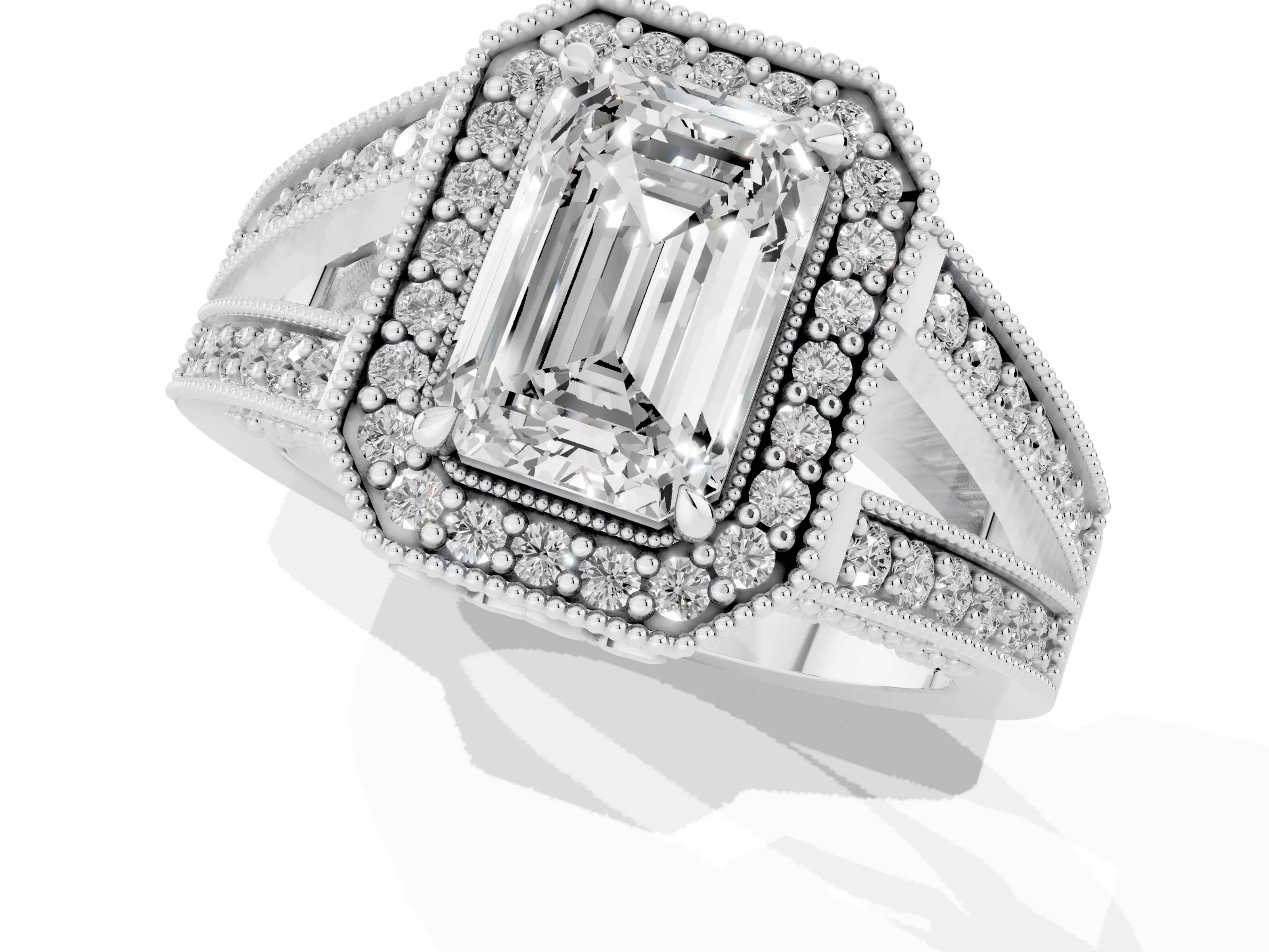 Emerald Cut Diamond Halo Ring Set in White gold with Stone-Set Split Shank and Milgrain Edges