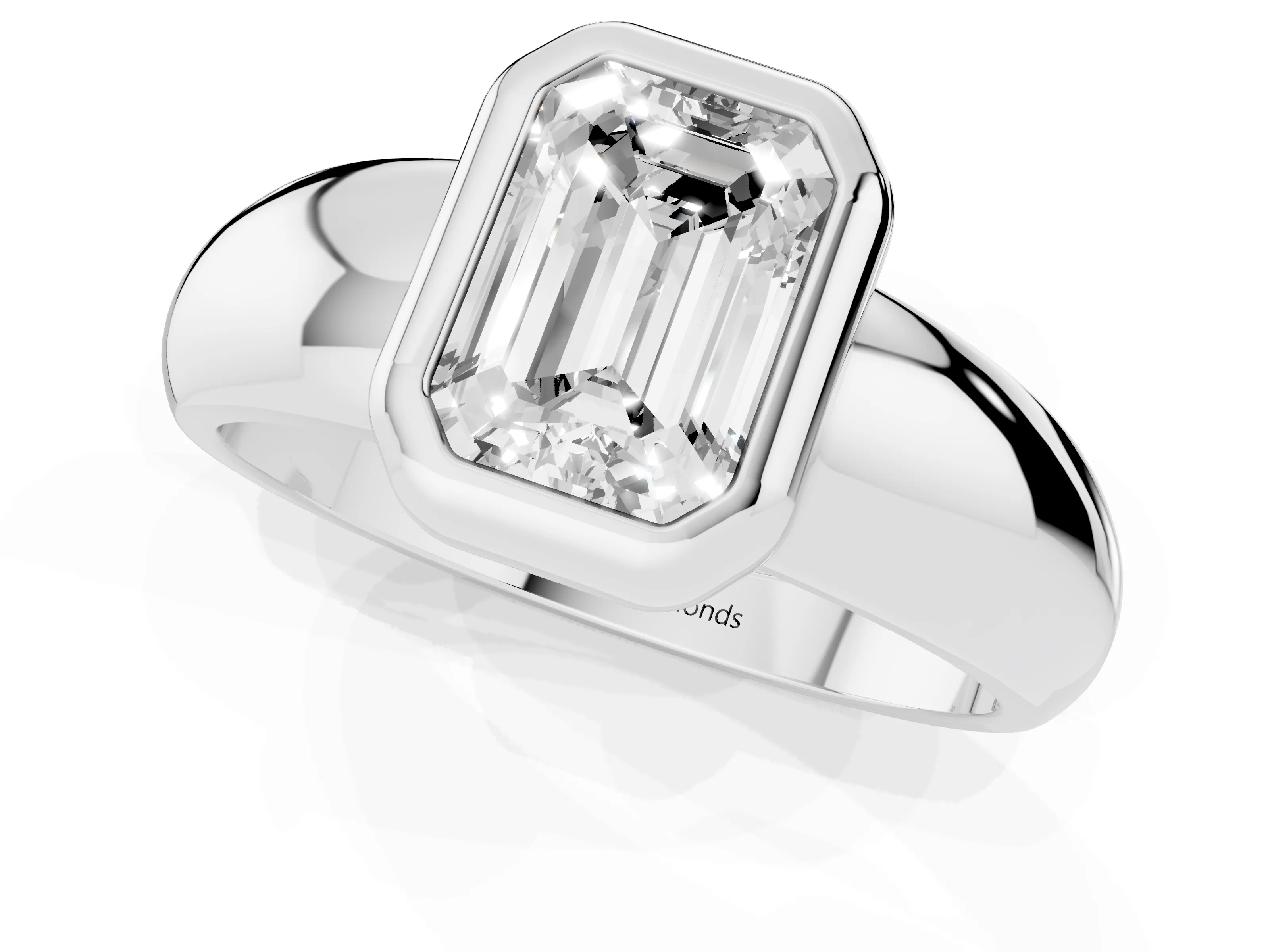 Bezel Set Emerald Cut Diamond Solitaire Ring Set in White gold with Wide Band