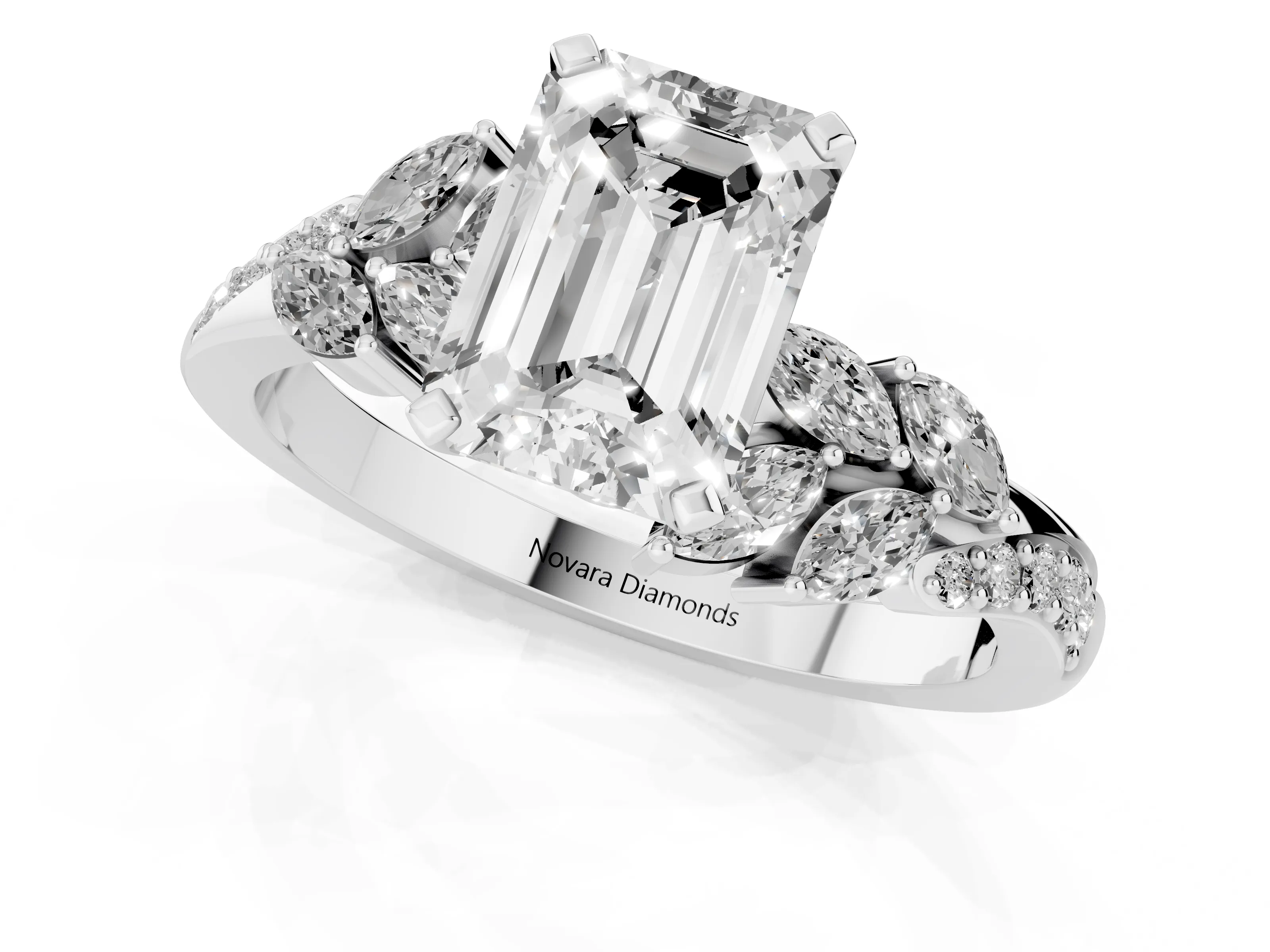 Emerald Cut Diamond Solitaire Ring Set in Silver with Marquise Twist Band and Prong Setting