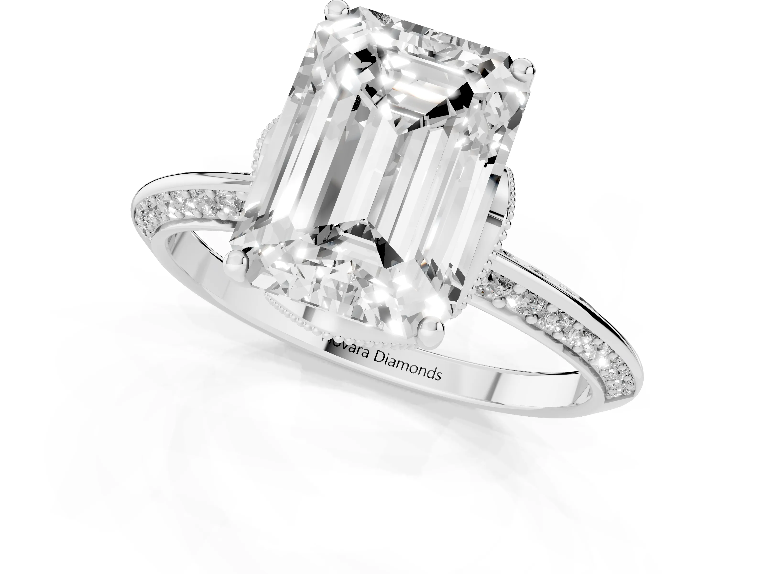 Emerald Cut Diamond Solitaire Engagement Ring Set in Silver with Pavé Split Shank and Prong Setting