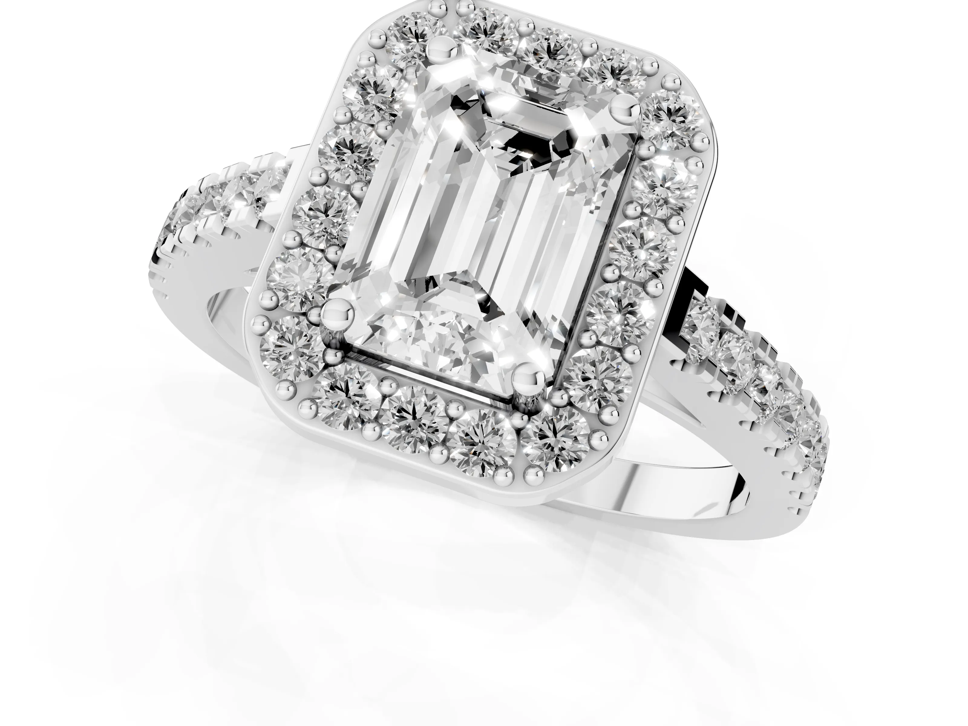 Emerald Cut Diamond Halo Ring Set in Platinum with Round Pavé Split Shank and Prong Setting