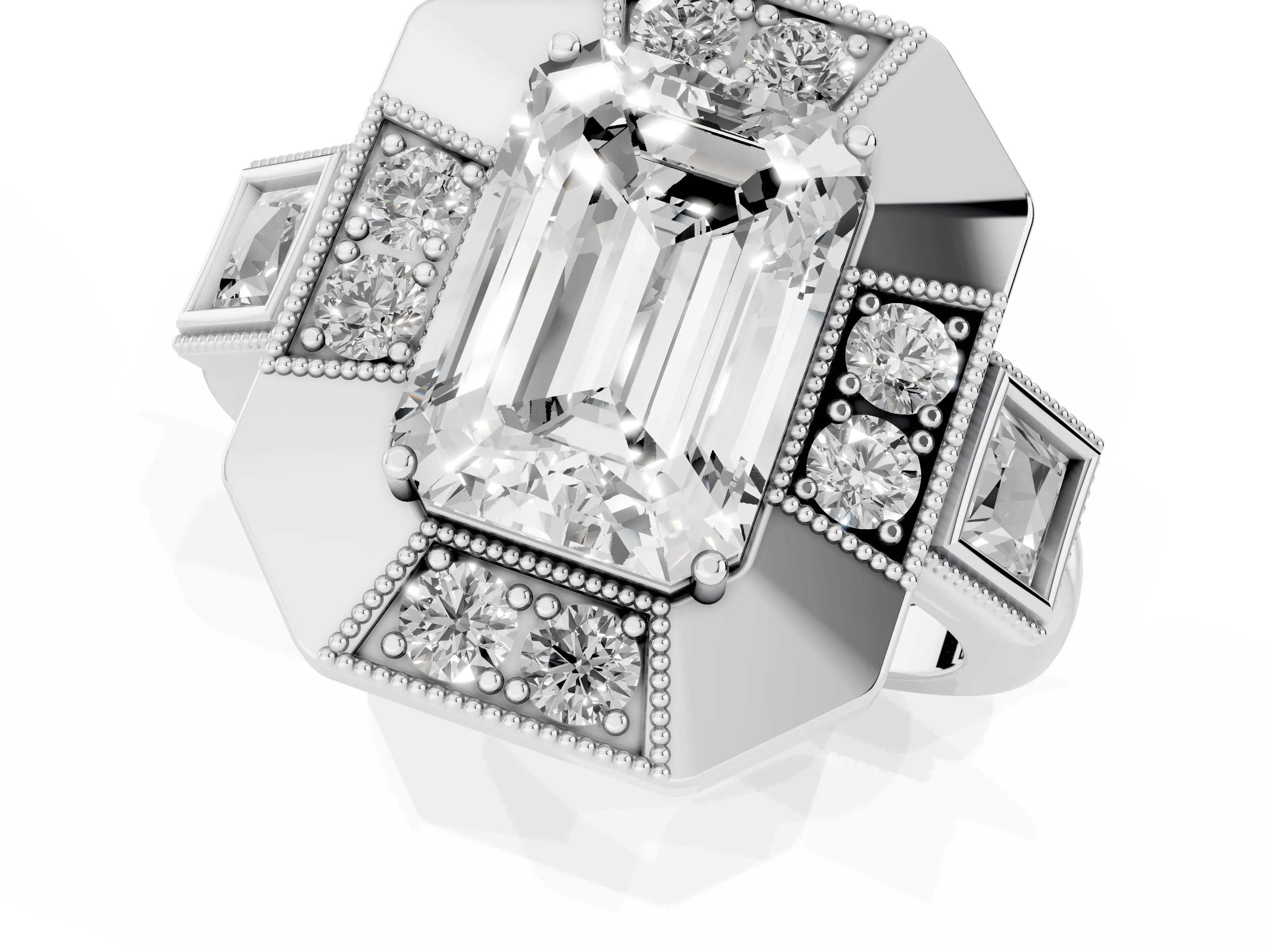 Emerald Cut Diamond Milgrain Halo Ring Set in Platinum with Split Shank