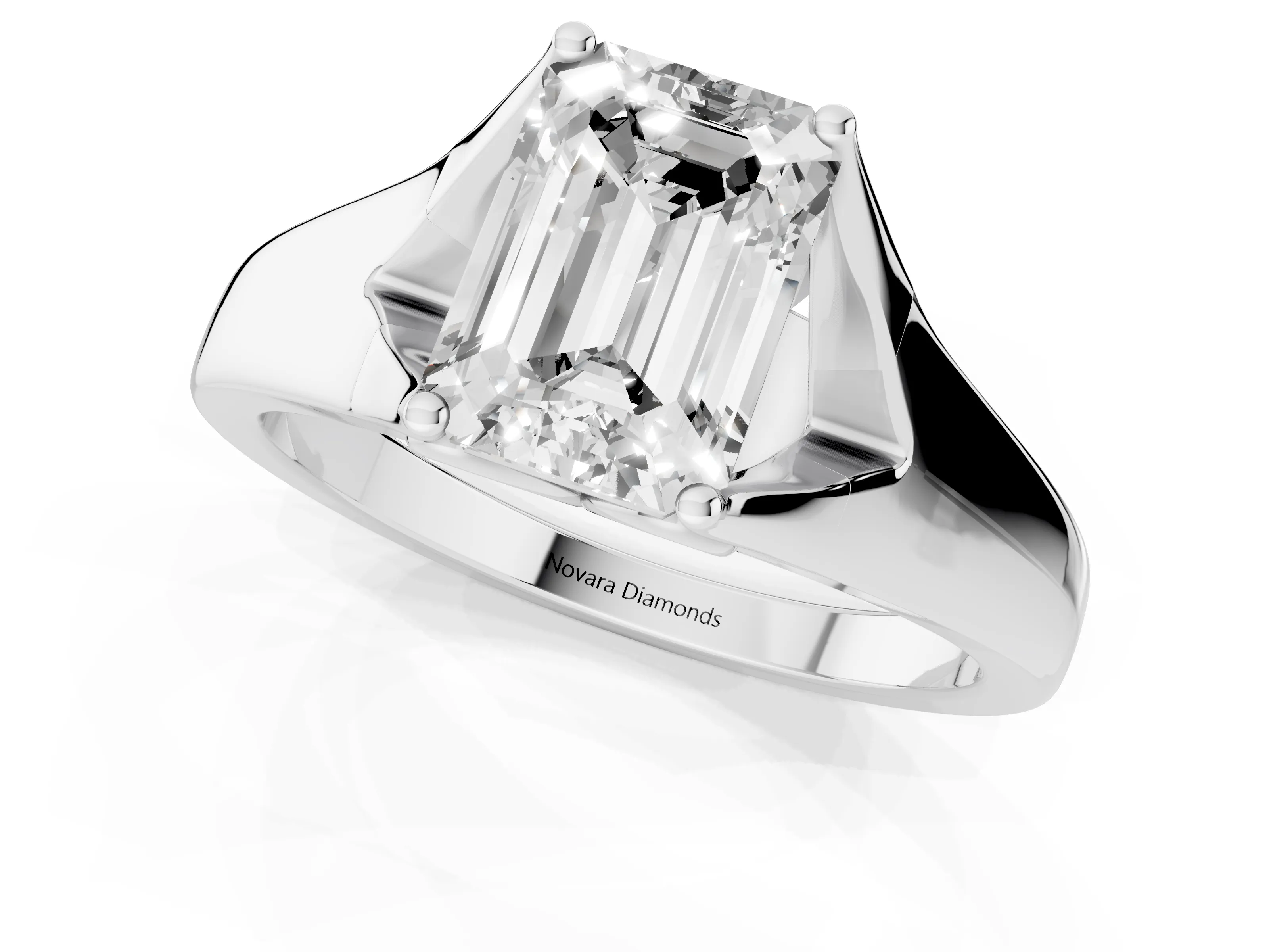 Emerald Cut Diamond Solitaire Ring Set in White gold with Arched Cathedral Band and Prong Setting
