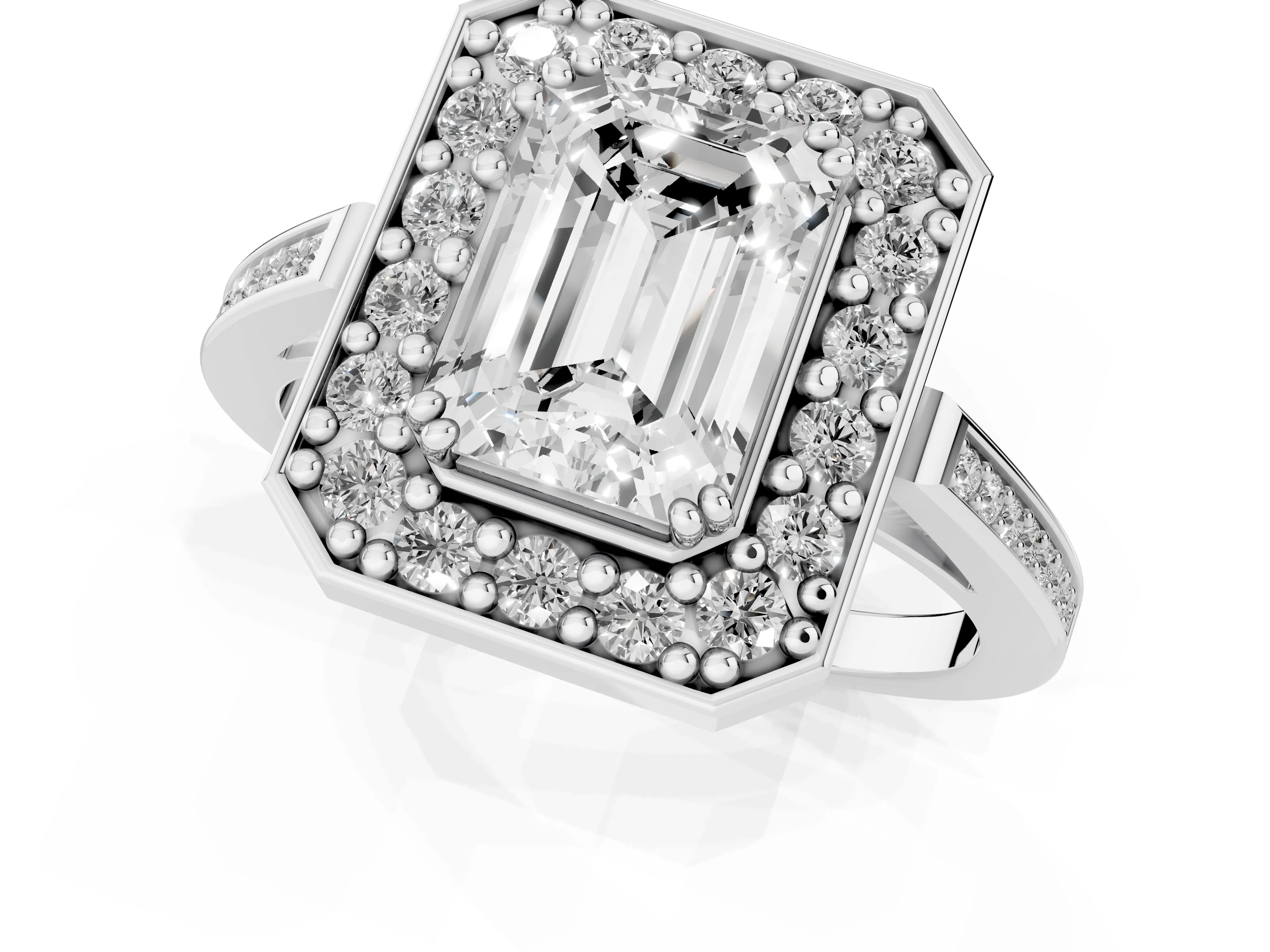 Emerald Cut Diamond Halo Ring Set in Platinum with Accent-Lined Split Shank and Prong Setting