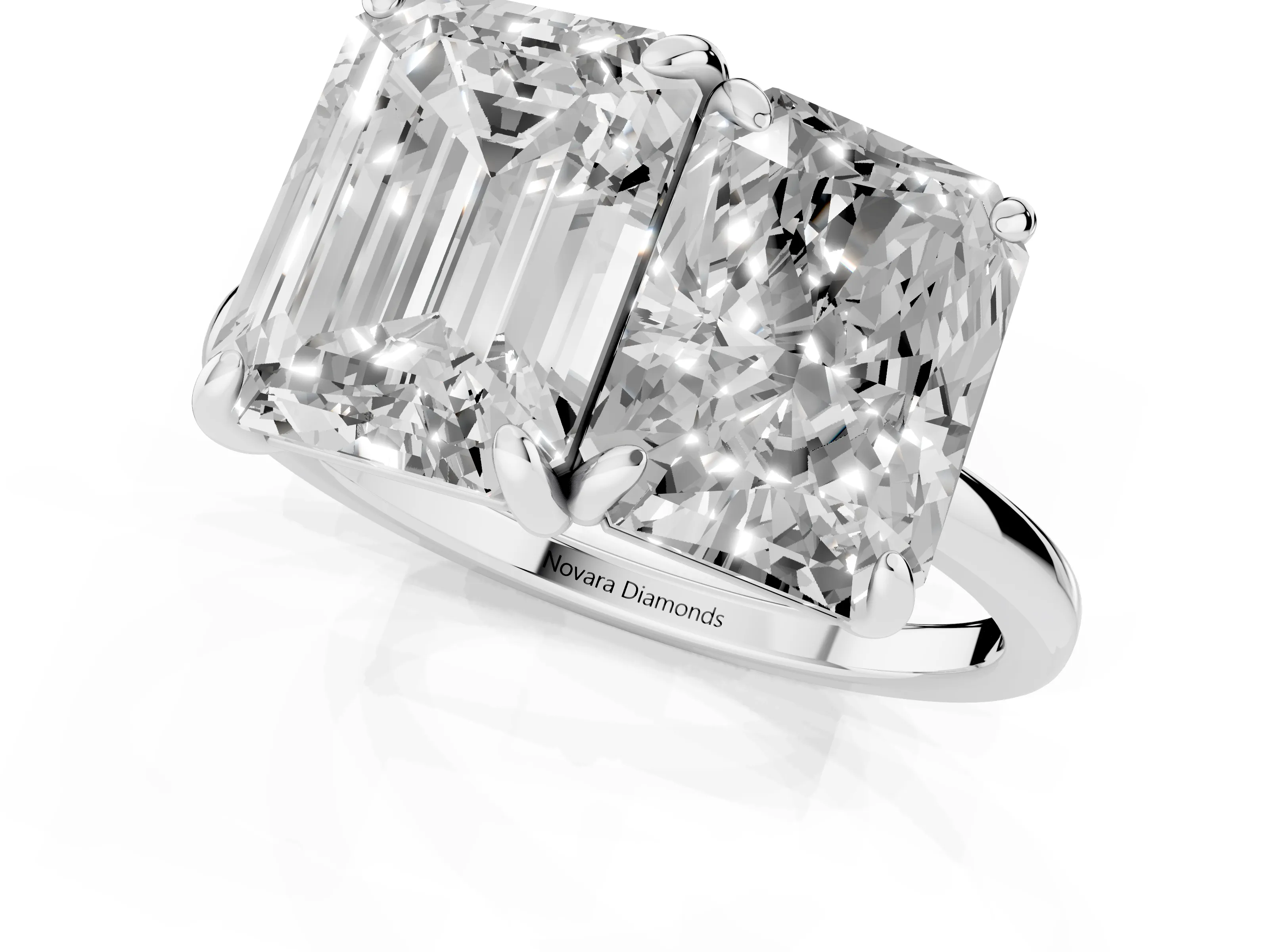Emerald and Radiant Toi Moi Ring Set in Silver with Prong Setting and Plain Band