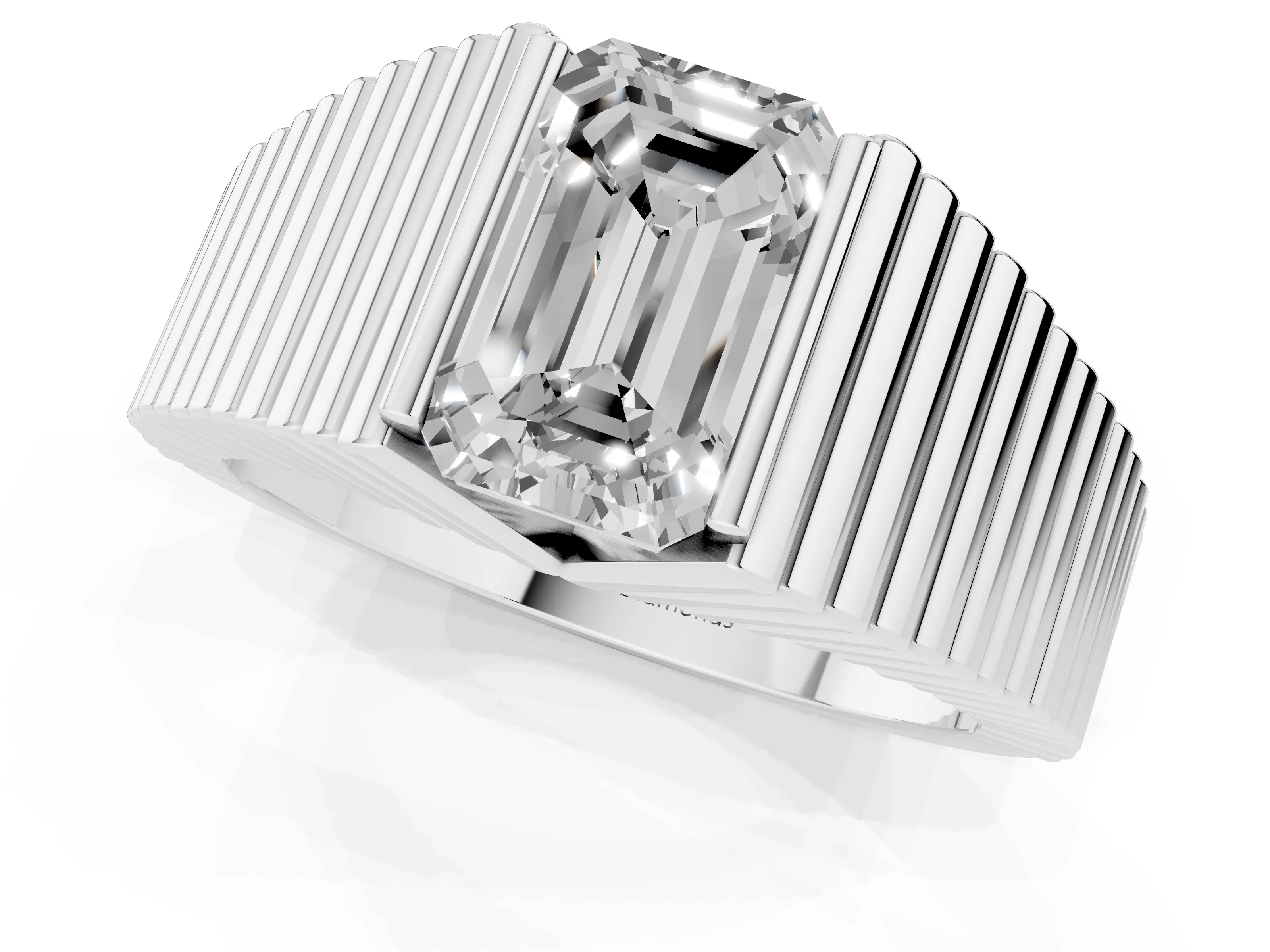 Emerald Cut Diamond Mens Ring Set in Silver with Fluted Band