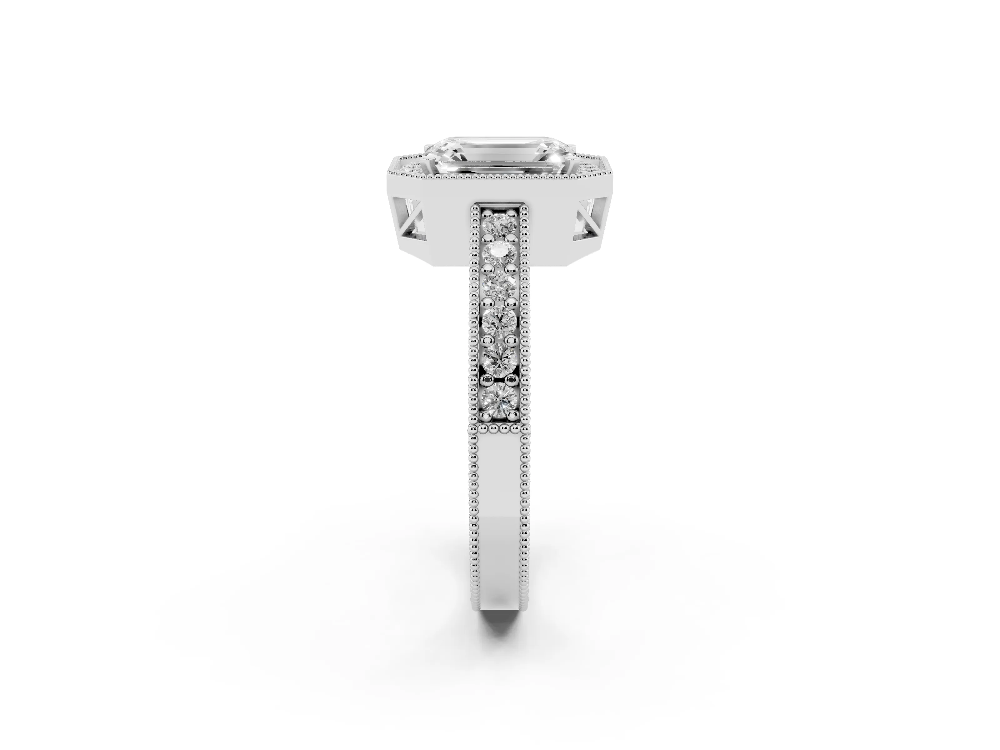 Emerald Cut Diamond Halo Pavé Band Ring Set in Silver with Prong-Set Center