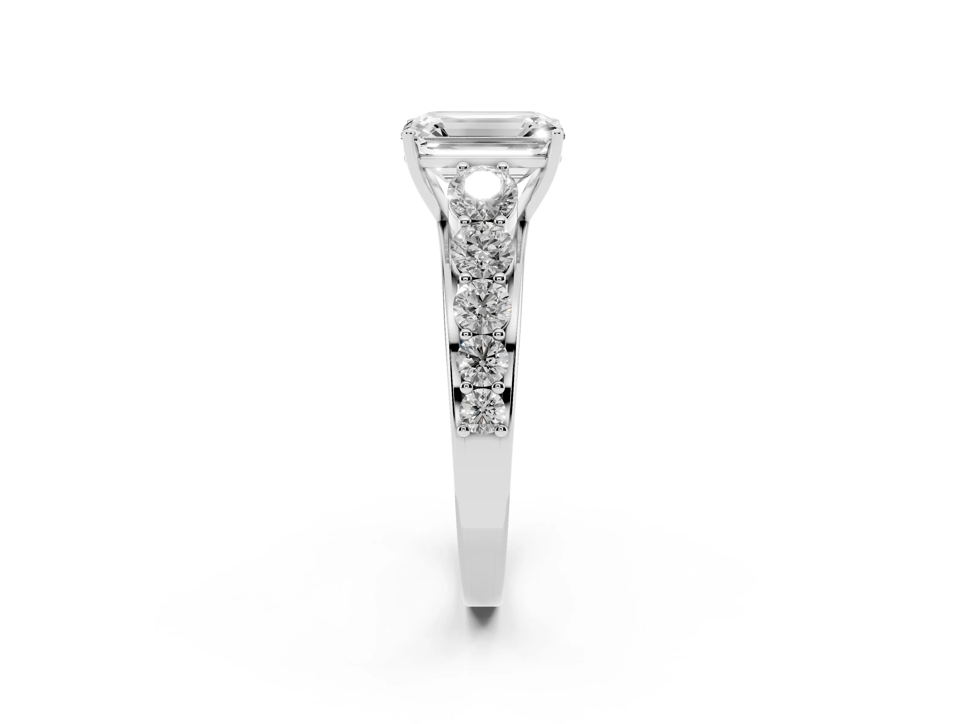 Emerald Cut Diamond Solitaire Ring Set in Platinum with Pavé-Set Band and Prong Setting
