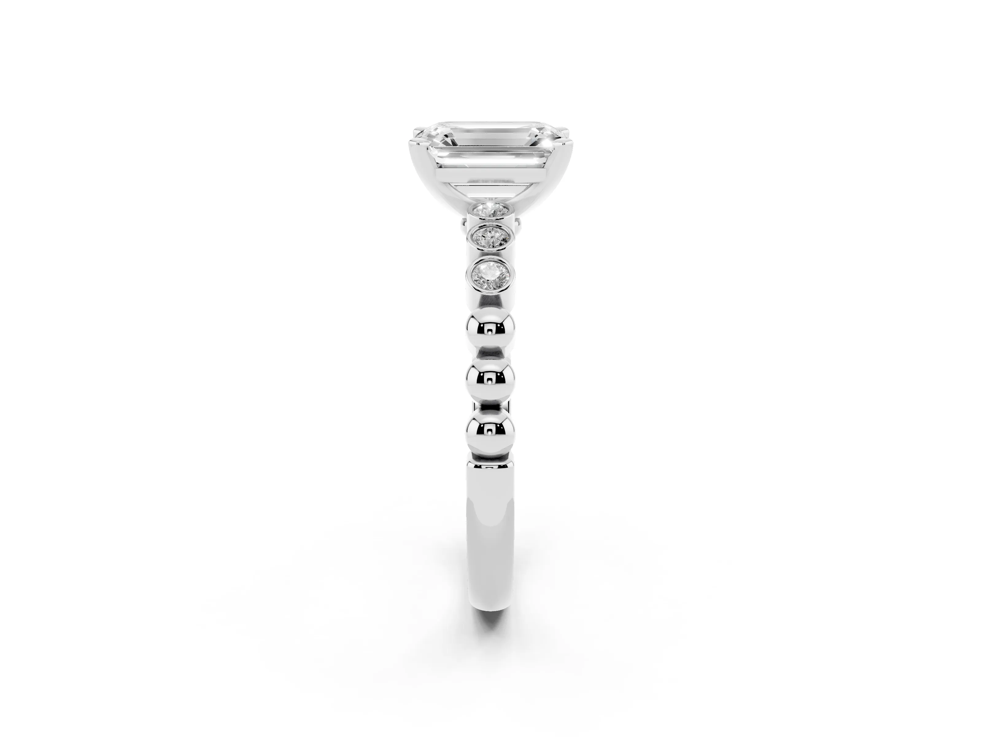 Emerald Cut Diamond Solitaire Engagement Ring Set in Platinum with Bezel Accents on Beaded Band