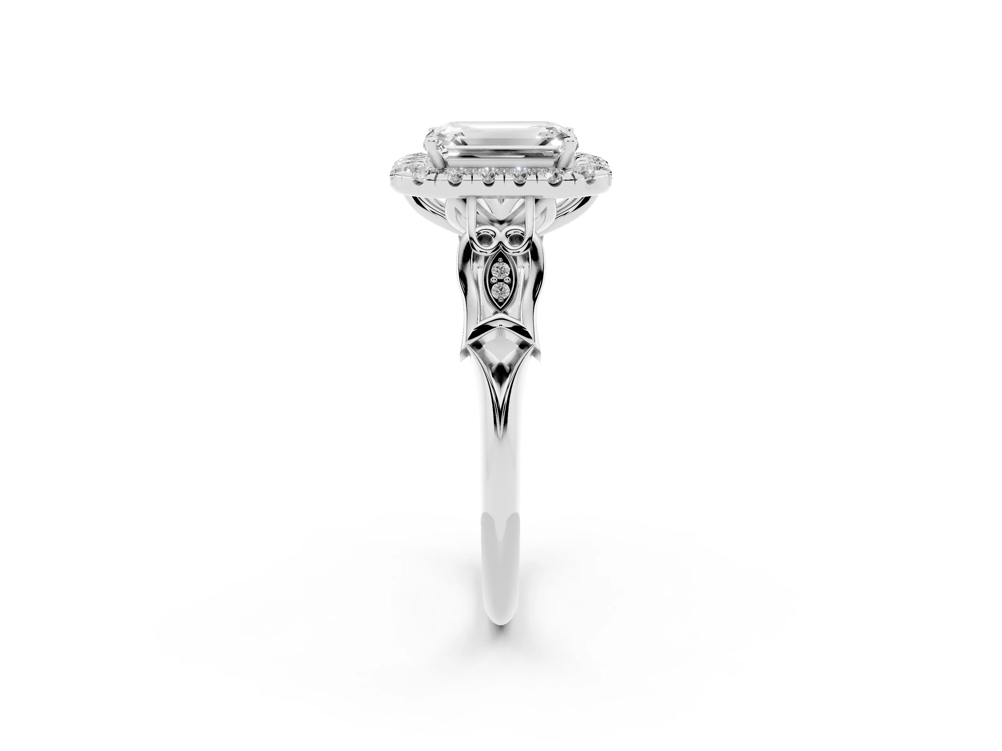 Emerald Cut Diamond Halo Engagement Ring Set in White gold with Filigree Band and Prong-Set Center