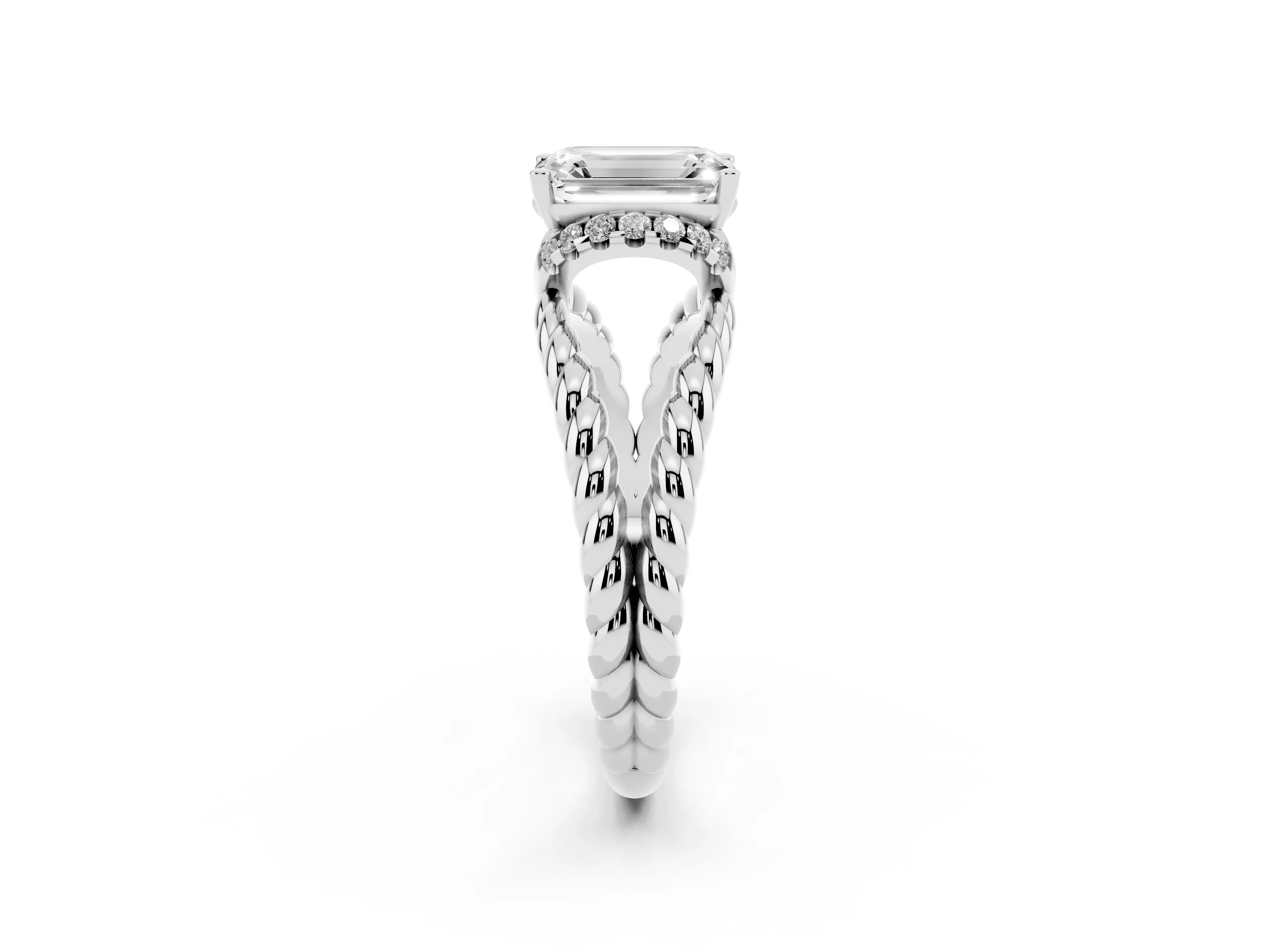 Emerald Cut Diamond Halo Ring Set in White gold with Twisted Band and Prong Setting