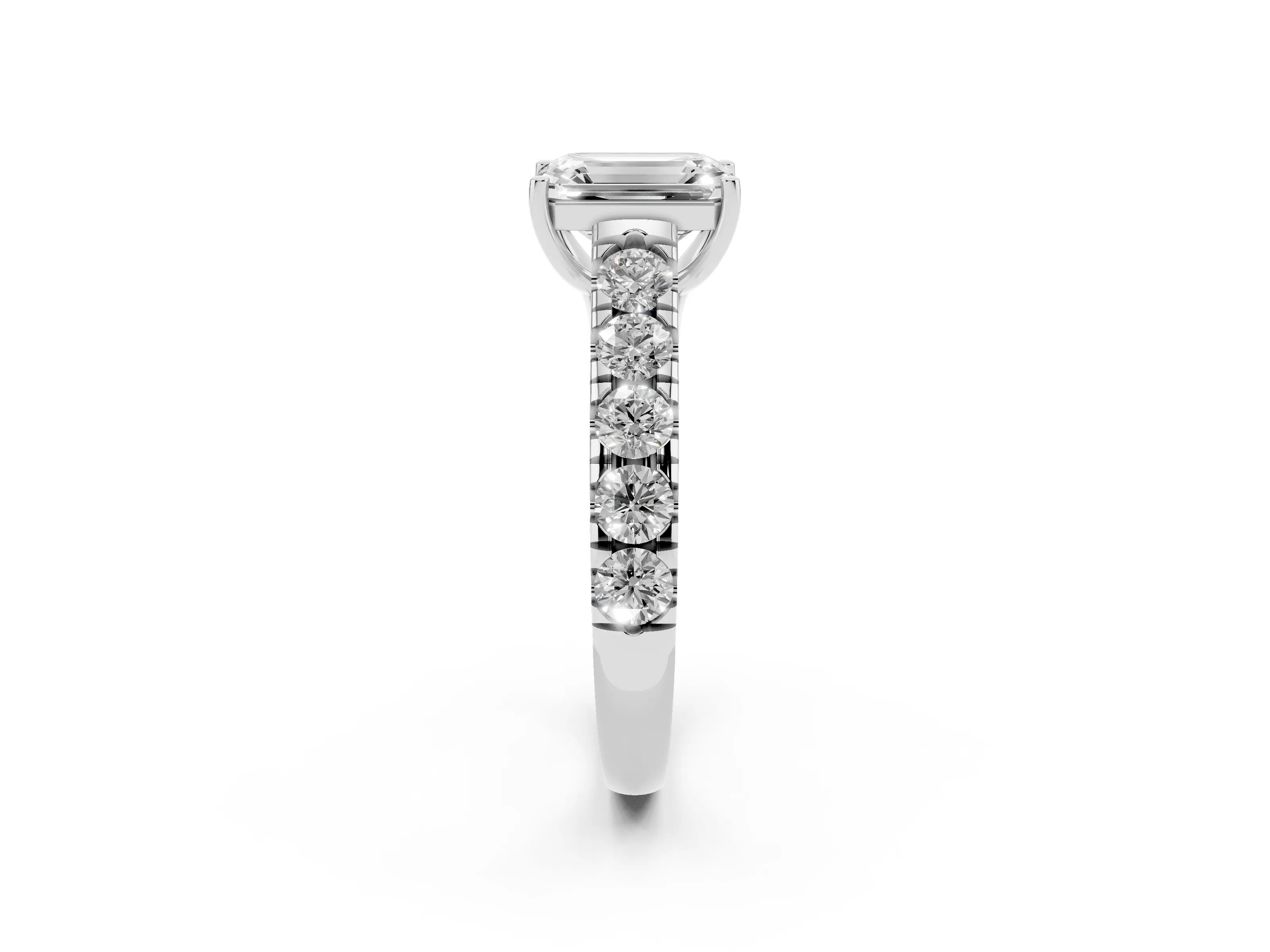 Emerald Cut Diamond Solitaire Ring Set in Platinum with Cut-Down Micro Pavé Band and Prong Setting