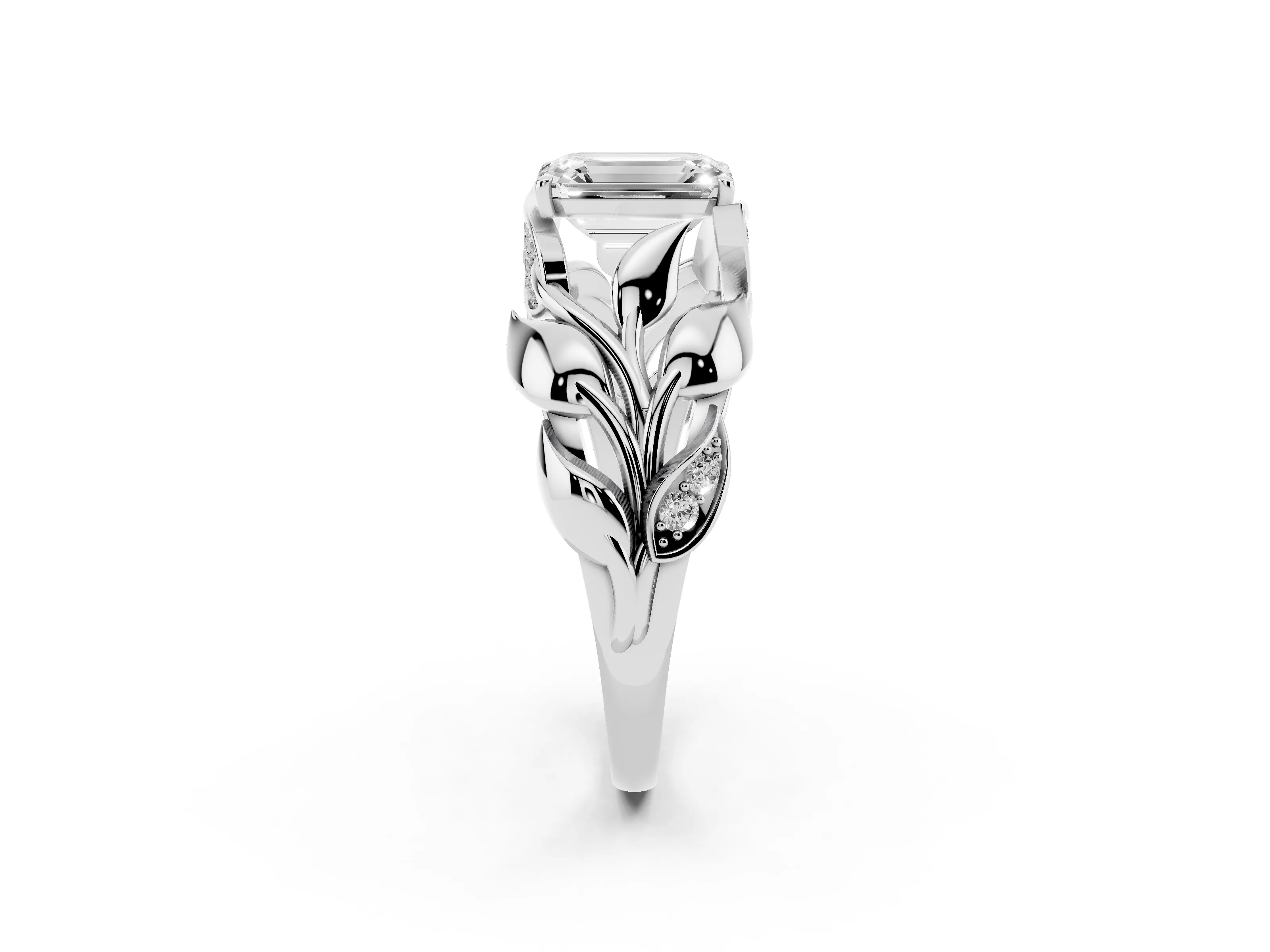 Emerald Cut Diamond Leaf-Inspired Engagement Ring Set in Silver with Round Accents