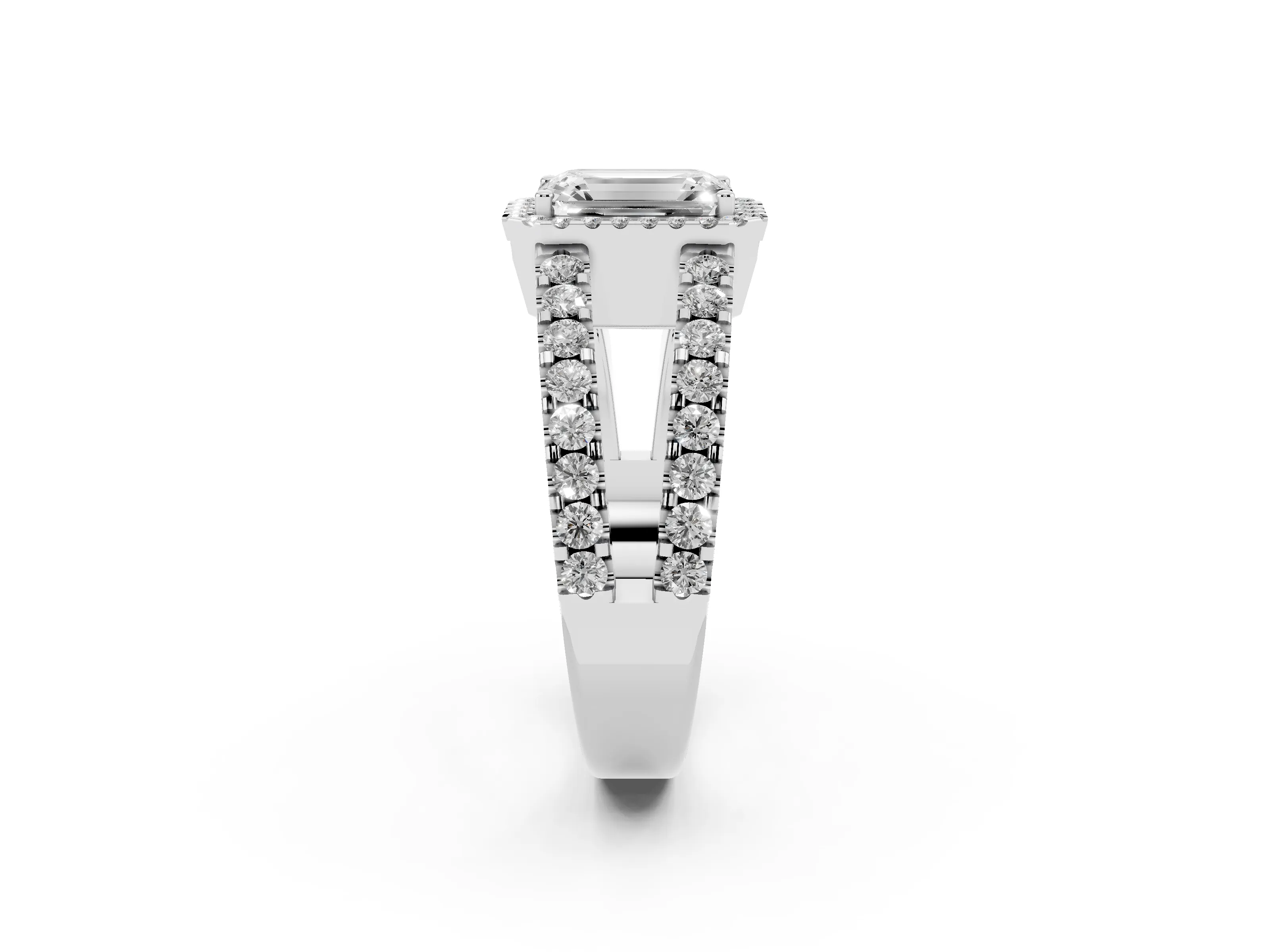 Emerald Cut Diamond Halo Ring Set in Silver with Pavé Split Shank and Prong Setting
